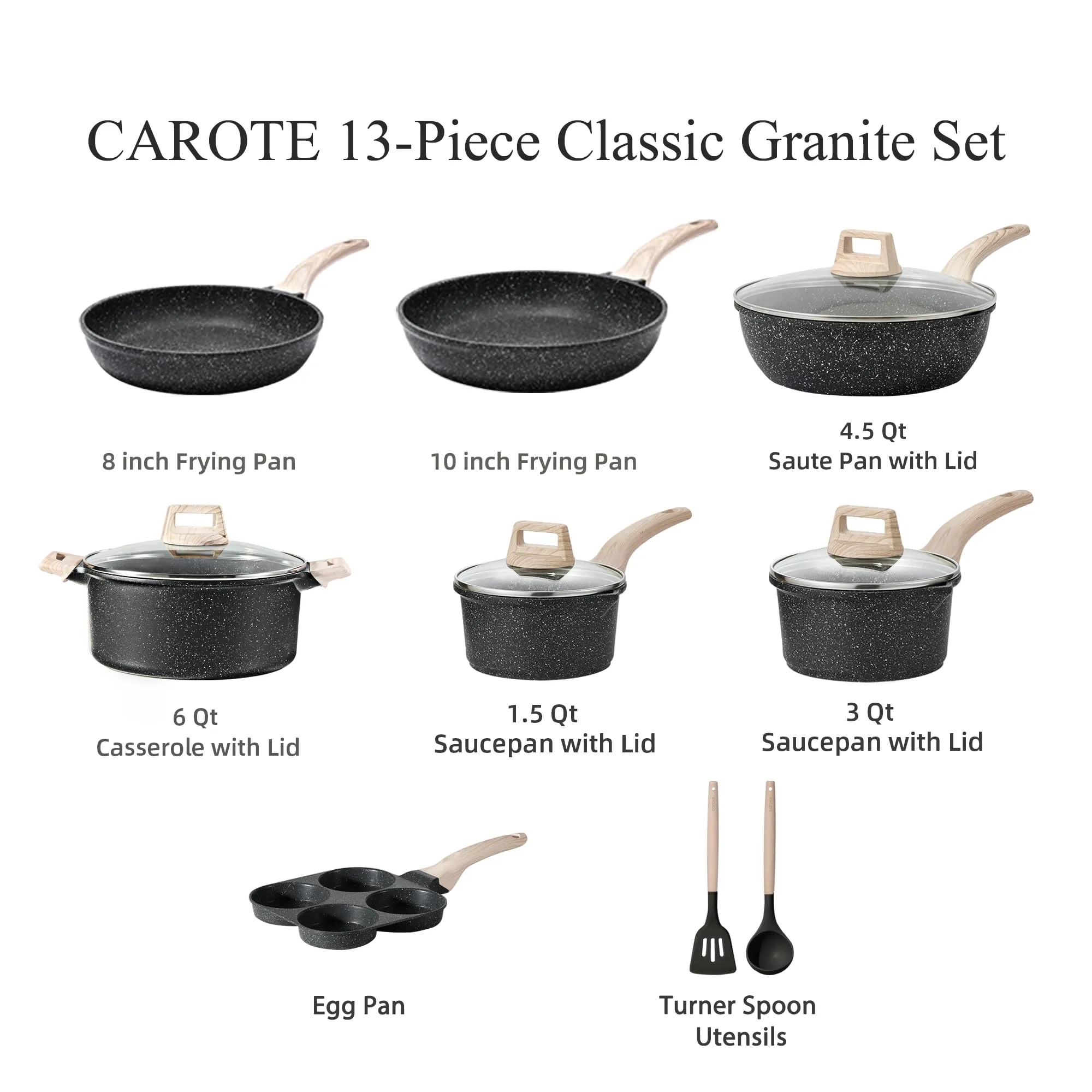 CAROTE Nonstick Pots and Pans Set,Cookware Sets 13Pcs Nonstick, Healthy Non Stick Induction Stone Cookware Kitchen Granite Cooking Set w/Frying Pans & Saucepan, PFOS, PFOA Free