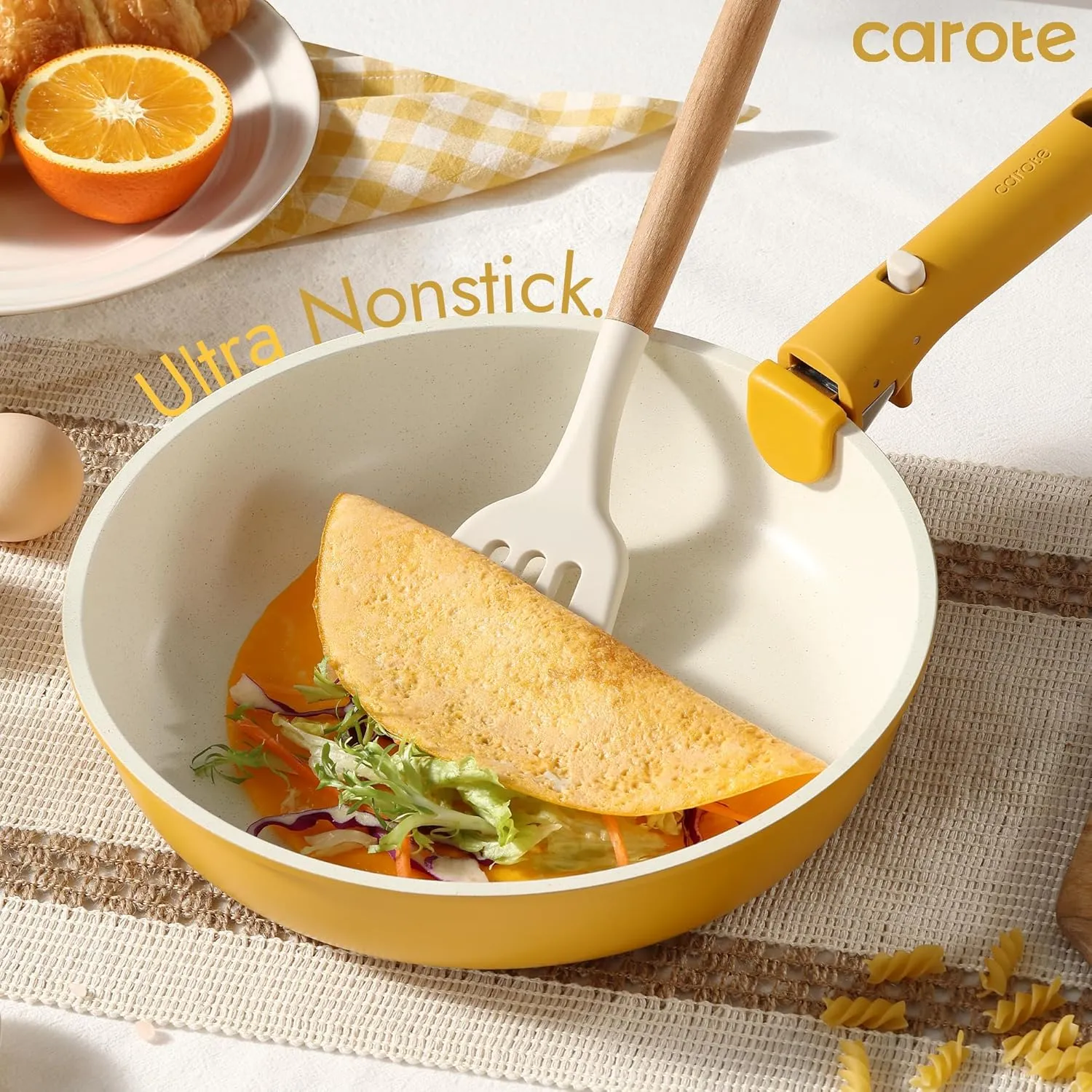 CAROTE Pots and Pans Set, Nonstick Cookware Set Detachable Handle, 15pcs Induction Kitchen Cookware Sets Non Stick with Removable Handle, RV Cookware Set, Oven Safe, Yellow