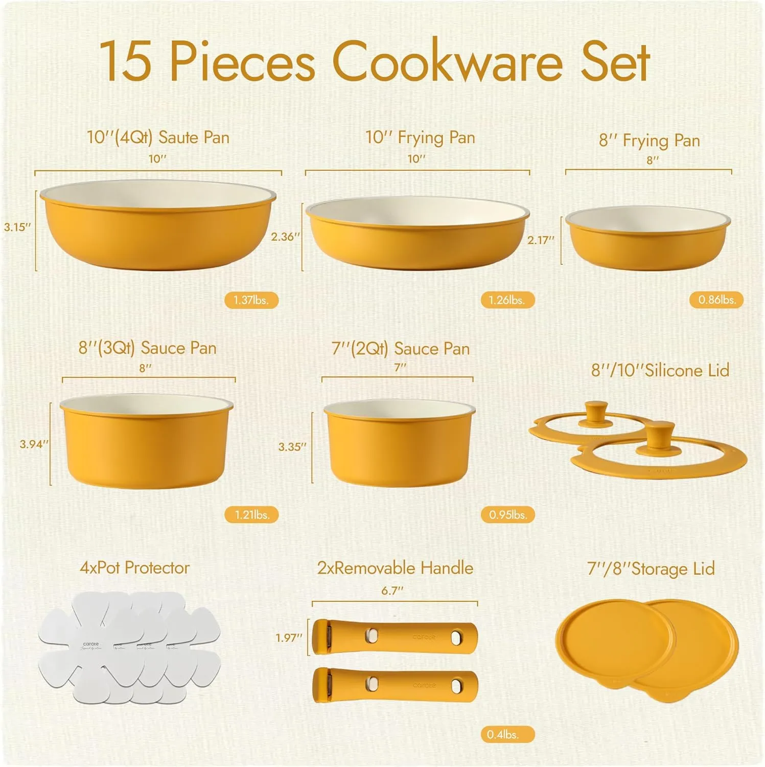 CAROTE Pots and Pans Set, Nonstick Cookware Set Detachable Handle, 15pcs Induction Kitchen Cookware Sets Non Stick with Removable Handle, RV Cookware Set, Oven Safe, Yellow