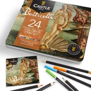 Castle Arts Themed 24 Coloured Pencil Set in Tin Box, perfect ‘Botticelli’ inspired colours. Featuring quality, smooth coloured cores, superior blending & layering performance for great results