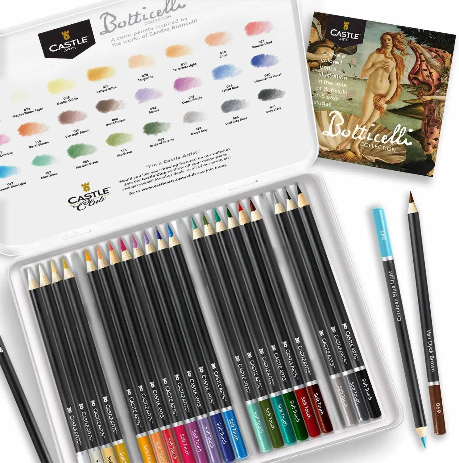 Castle Arts Themed 24 Coloured Pencil Set in Tin Box, perfect ‘Botticelli’ inspired colours. Featuring quality, smooth coloured cores, superior blending & layering performance for great results