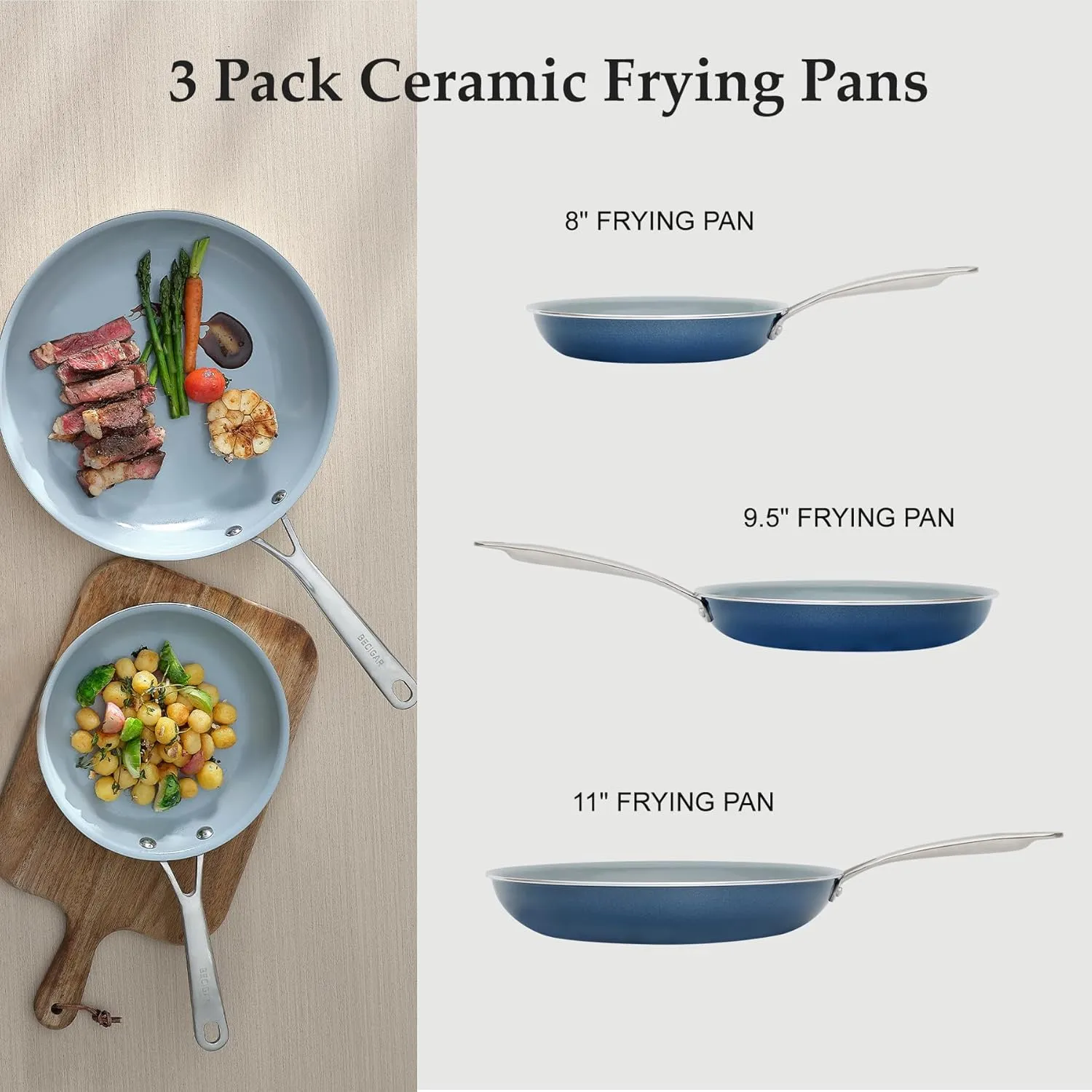 Ceramic Frying Pan Set with Stainless Steel Handle - Perfect Cookware Set for Steak & Non Stick Cooking - Ceramic Pans Set Non Stick Trendy Essential for Young Chefs(Blue)