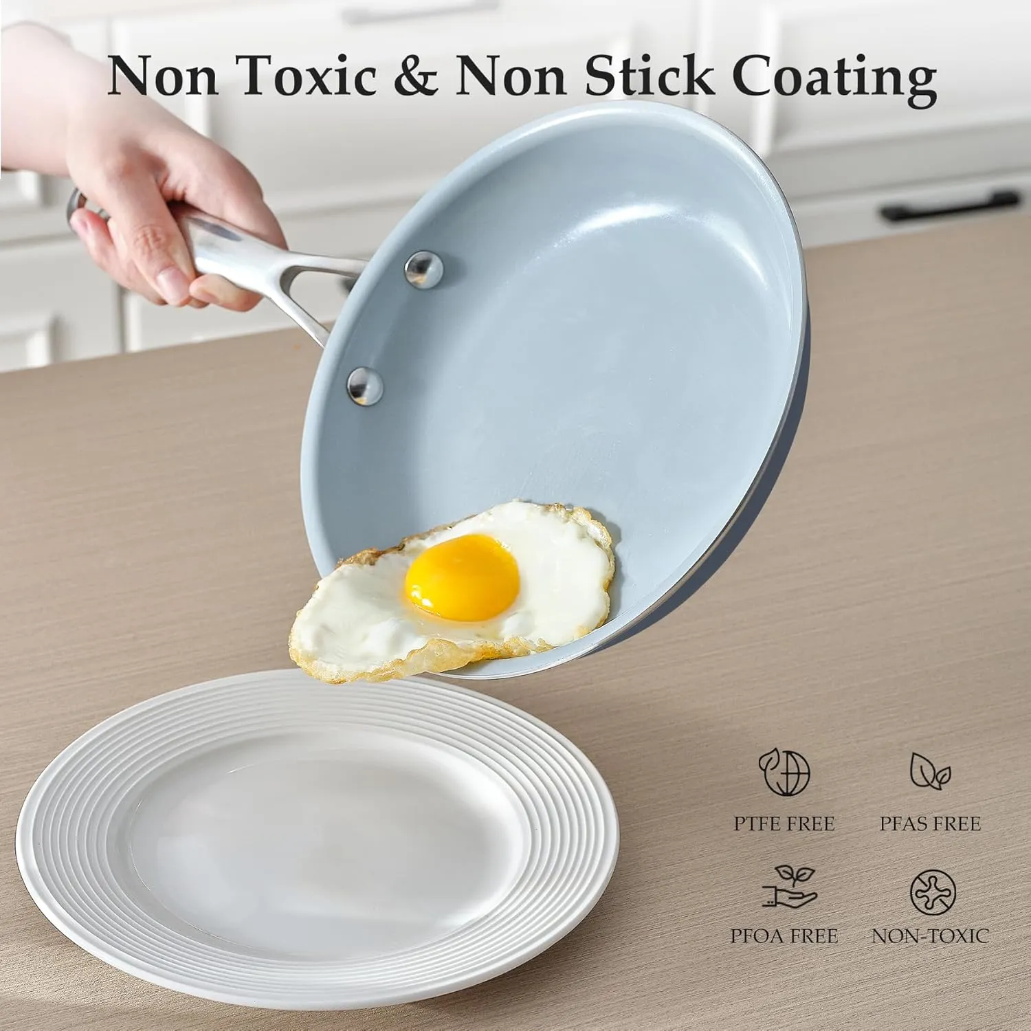 Ceramic Frying Pan Set with Stainless Steel Handle - Perfect Cookware Set for Steak & Non Stick Cooking - Ceramic Pans Set Non Stick Trendy Essential for Young Chefs(Blue)