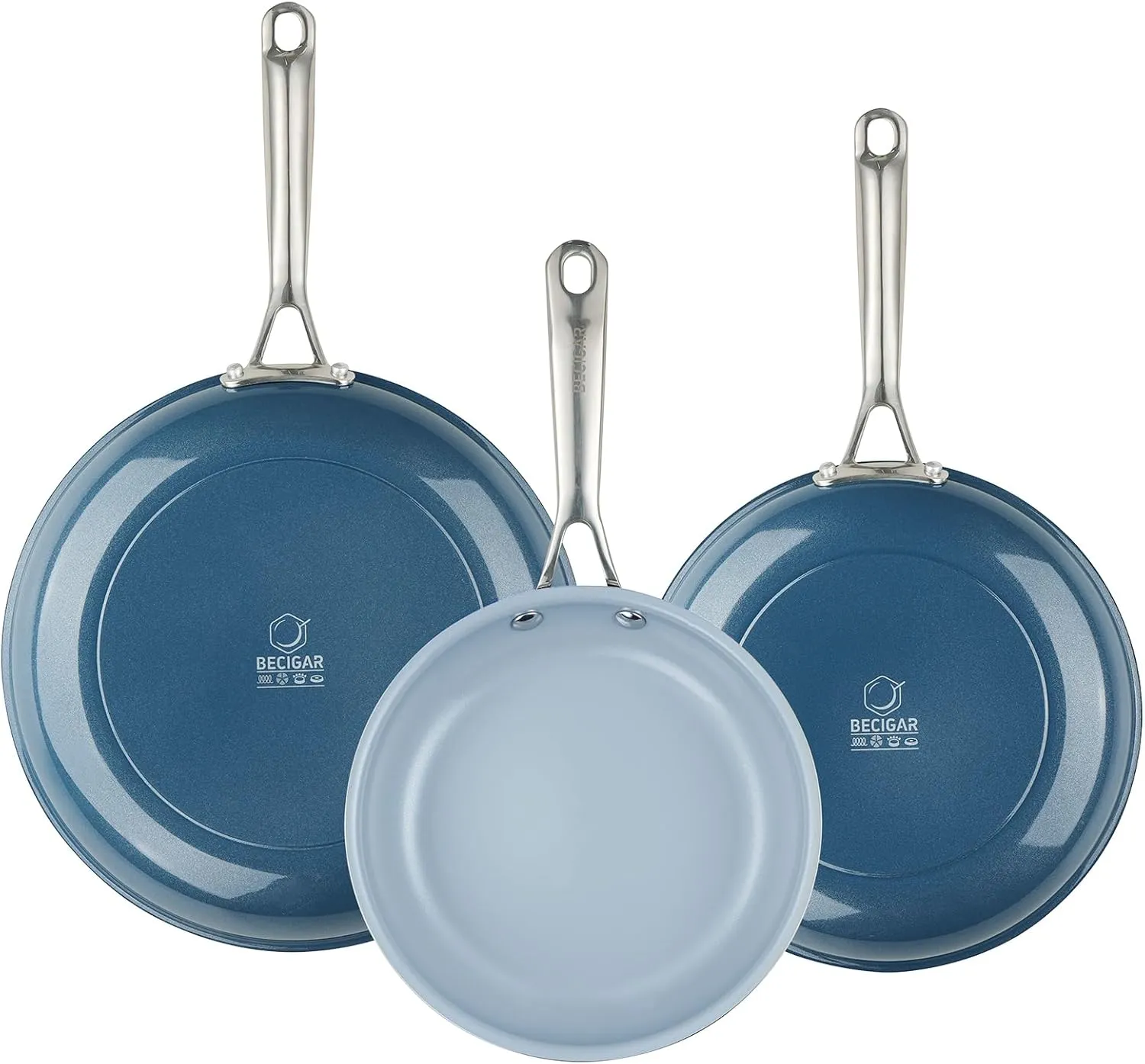 Ceramic Frying Pan Set with Stainless Steel Handle - Perfect Cookware Set for Steak & Non Stick Cooking - Ceramic Pans Set Non Stick Trendy Essential for Young Chefs(Blue)