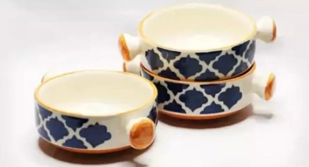 Ceramic Hand Painted Mughal Design Pasta/Soup Serving Bowls - Set of 2