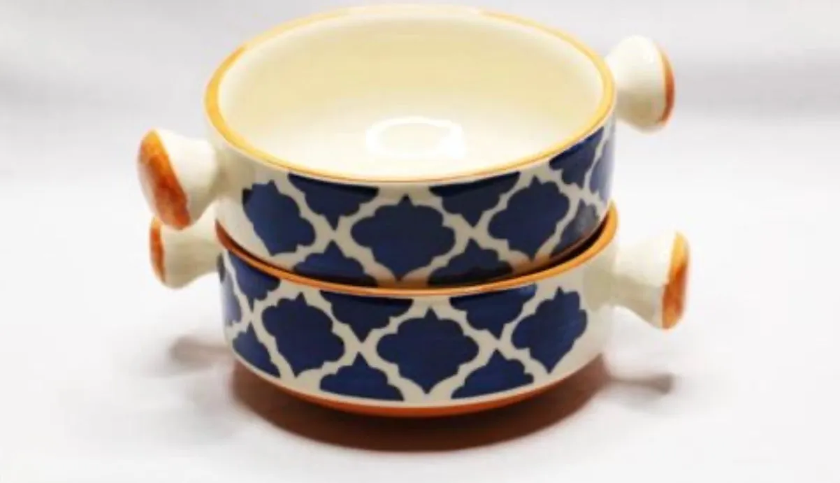 Ceramic Hand Painted Mughal Design Pasta/Soup Serving Bowls - Set of 2