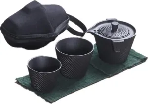 Ceramic Kung Fu Tea Set Travel Bag Teaware Pottery One Teapot and Two Teacups Portable Tea Pot and Cup Set (Color : Black) (Black)