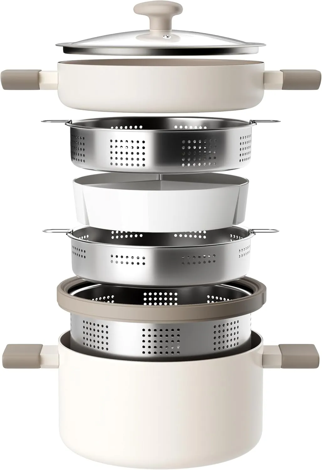 Ceramic Pots and Pans Set Nonstick Stockpot With Stainless Steel Steamer for Cooking Set, Soup Pots With Lid, Multipots with Steamer Basket for Pot, Pasta Strainer Insert Induction Cookware