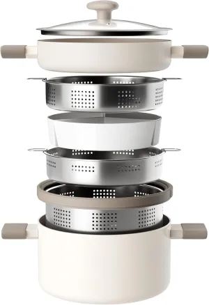 Ceramic Pots and Pans Set Nonstick Stockpot With Stainless Steel Steamer for Cooking Set, Soup Pots With Lid, Multipots with Steamer Basket for Pot, Pasta Strainer Insert Induction Cookware