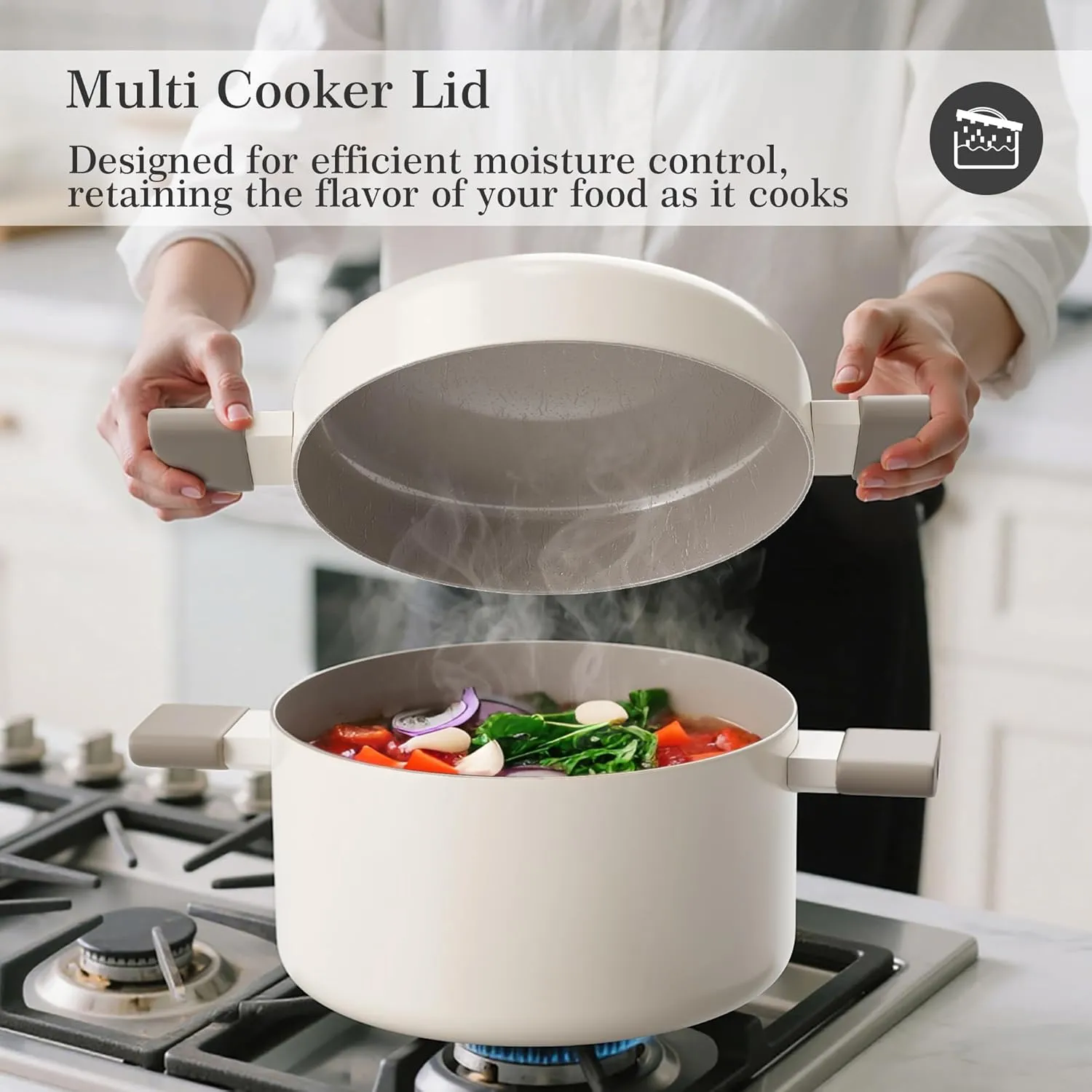 Ceramic Pots and Pans Set Nonstick Stockpot With Stainless Steel Steamer for Cooking Set, Soup Pots With Lid, Multipots with Steamer Basket for Pot, Pasta Strainer Insert Induction Cookware