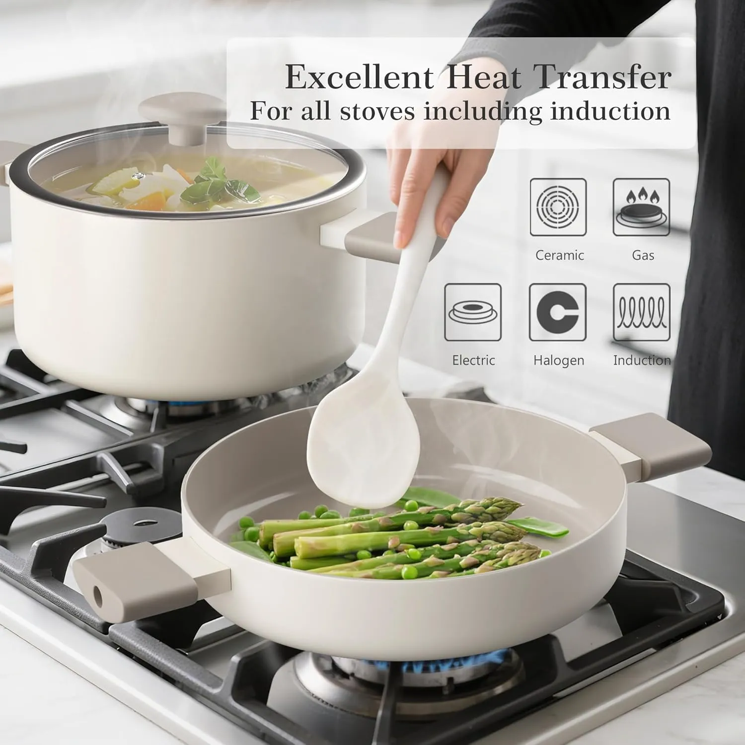 Ceramic Pots and Pans Set Nonstick Stockpot With Stainless Steel Steamer for Cooking Set, Soup Pots With Lid, Multipots with Steamer Basket for Pot, Pasta Strainer Insert Induction Cookware