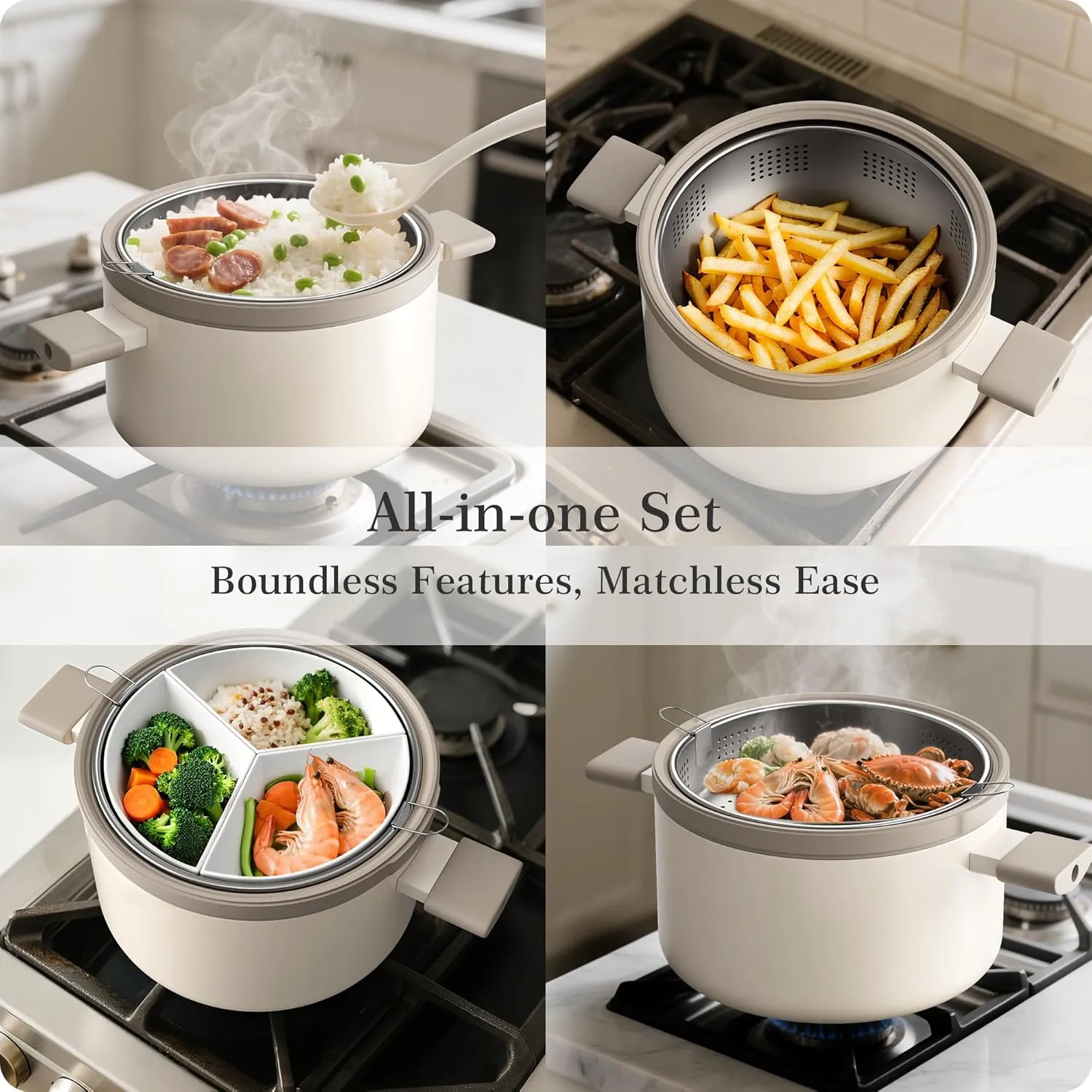 Ceramic Pots and Pans Set Nonstick Stockpot With Stainless Steel Steamer for Cooking Set, Soup Pots With Lid, Multipots with Steamer Basket for Pot, Pasta Strainer Insert Induction Cookware