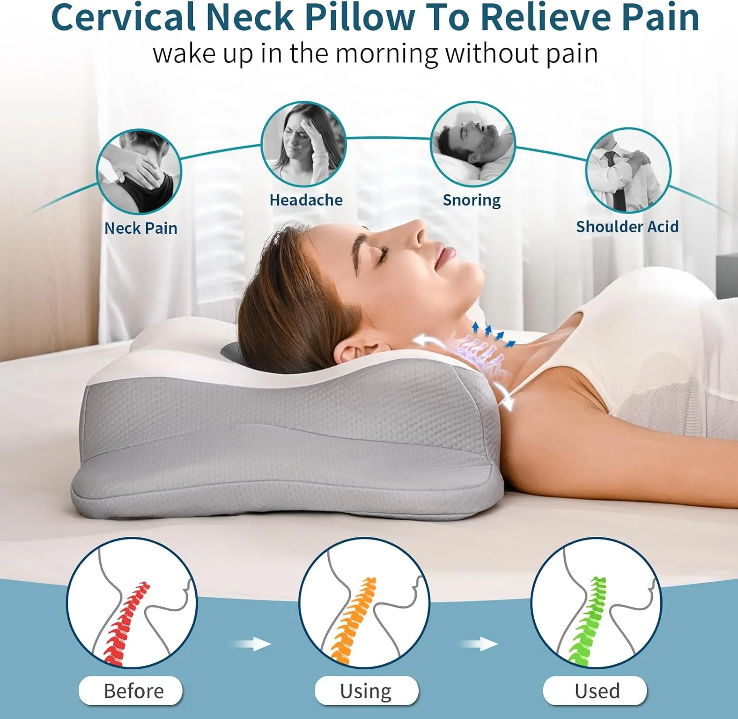Cervical Neck Pillow - Contour Bed Pillow for Neck Pain Relief, Ergonomic Orthopedic Side Sleeper Pillow for Sleeping, Cooling Memory Foam Pillows for Back & Stomach Sleepers with Pillowcase