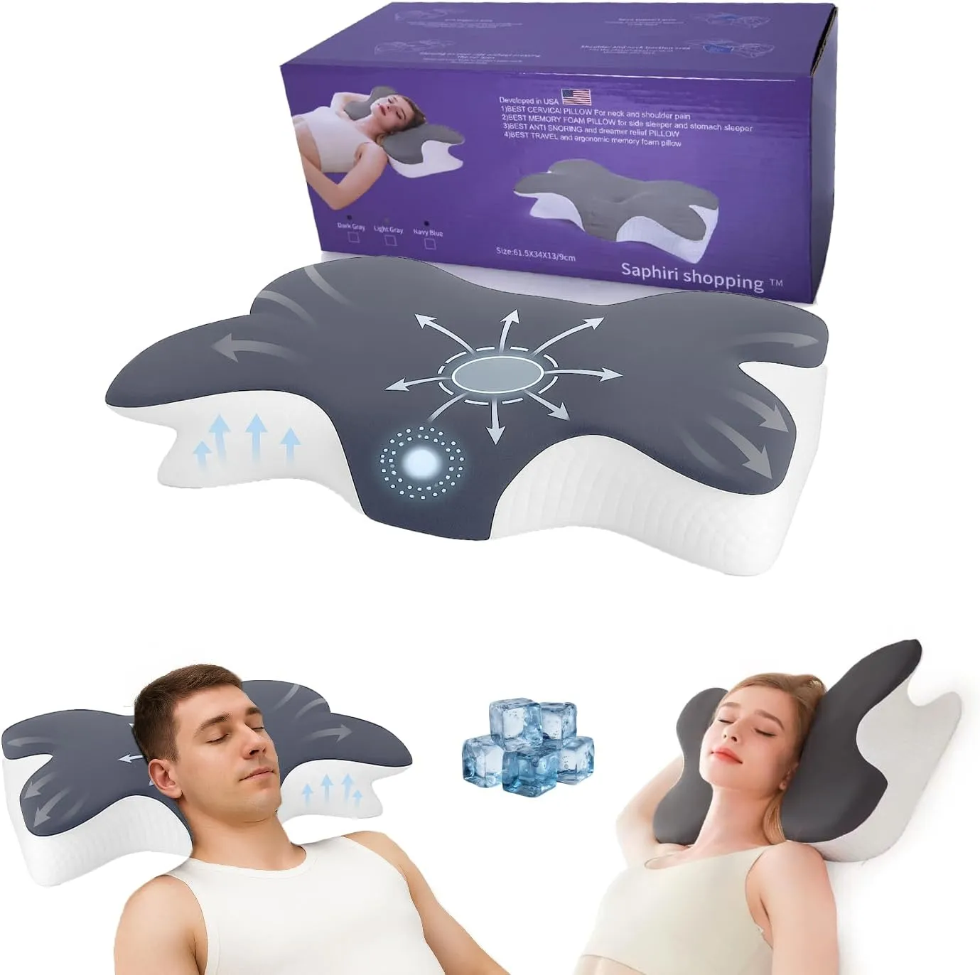 Cervical Neck Support Pillow for Cozy Sleeping Ergonomic Memory Foam Pillows Orthopedic Contour Shoulder Pain Relief Pillows Side Back Stomach Sleeper Bed Pillowcases (Grey, 61.5 * 34 * 13cm)