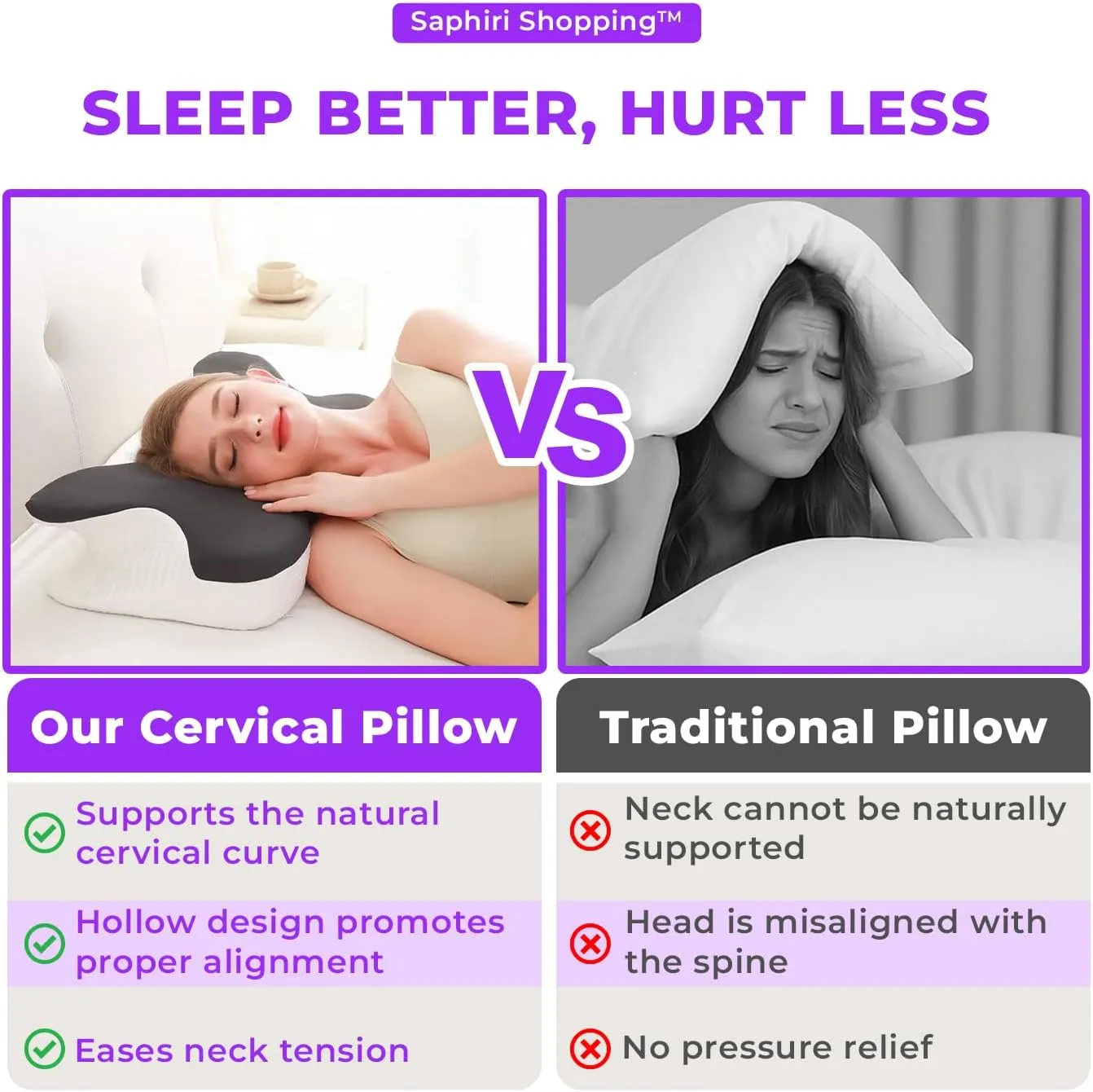 Cervical Neck Support Pillow for Cozy Sleeping Ergonomic Memory Foam Pillows Orthopedic Contour Shoulder Pain Relief Pillows Side Back Stomach Sleeper Bed Pillowcases (Grey, 61.5 * 34 * 13cm)