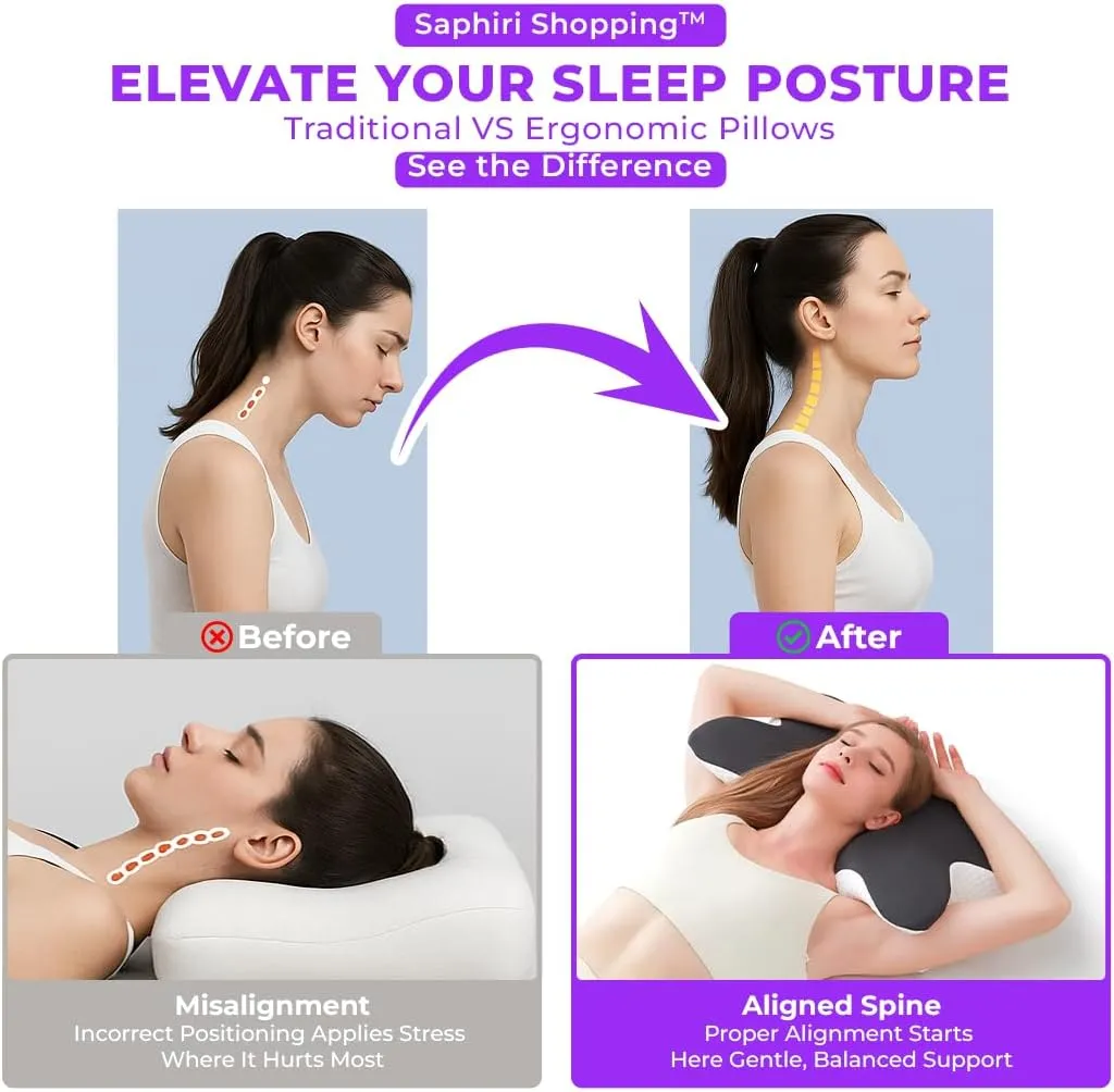 Cervical Neck Support Pillow for Cozy Sleeping Ergonomic Memory Foam Pillows Orthopedic Contour Shoulder Pain Relief Pillows Side Back Stomach Sleeper Bed Pillowcases (Grey, 61.5 * 34 * 13cm)