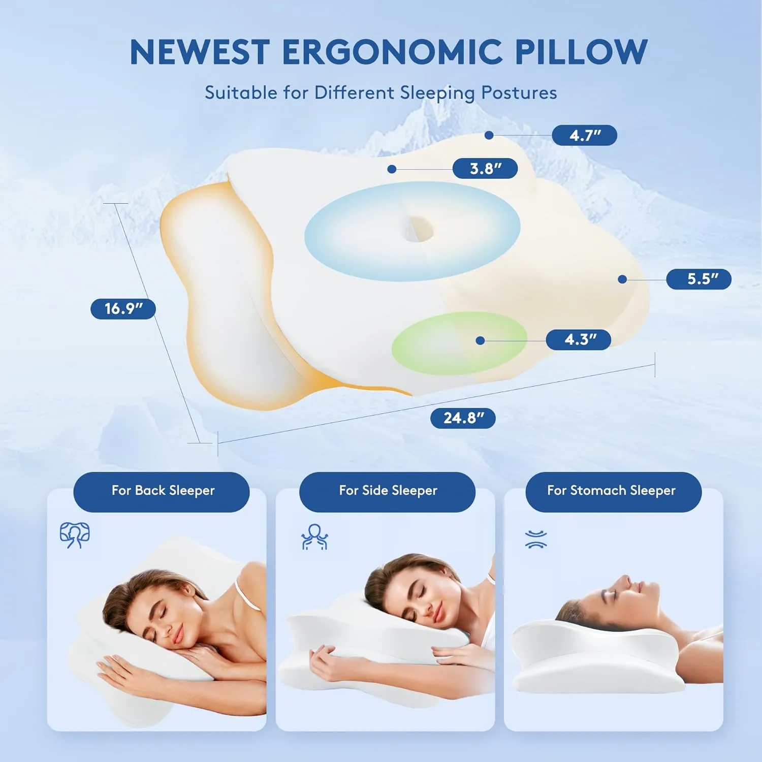 Cervical Pillow for Neck Pain Relief, Cooling Contour Memory Foam Pillows Support Odorless Ergonomic Neck Pillow Adjustable Orthopedic Bed Pillow for Side Back Stomach Sleeper with Pillowcase（White）