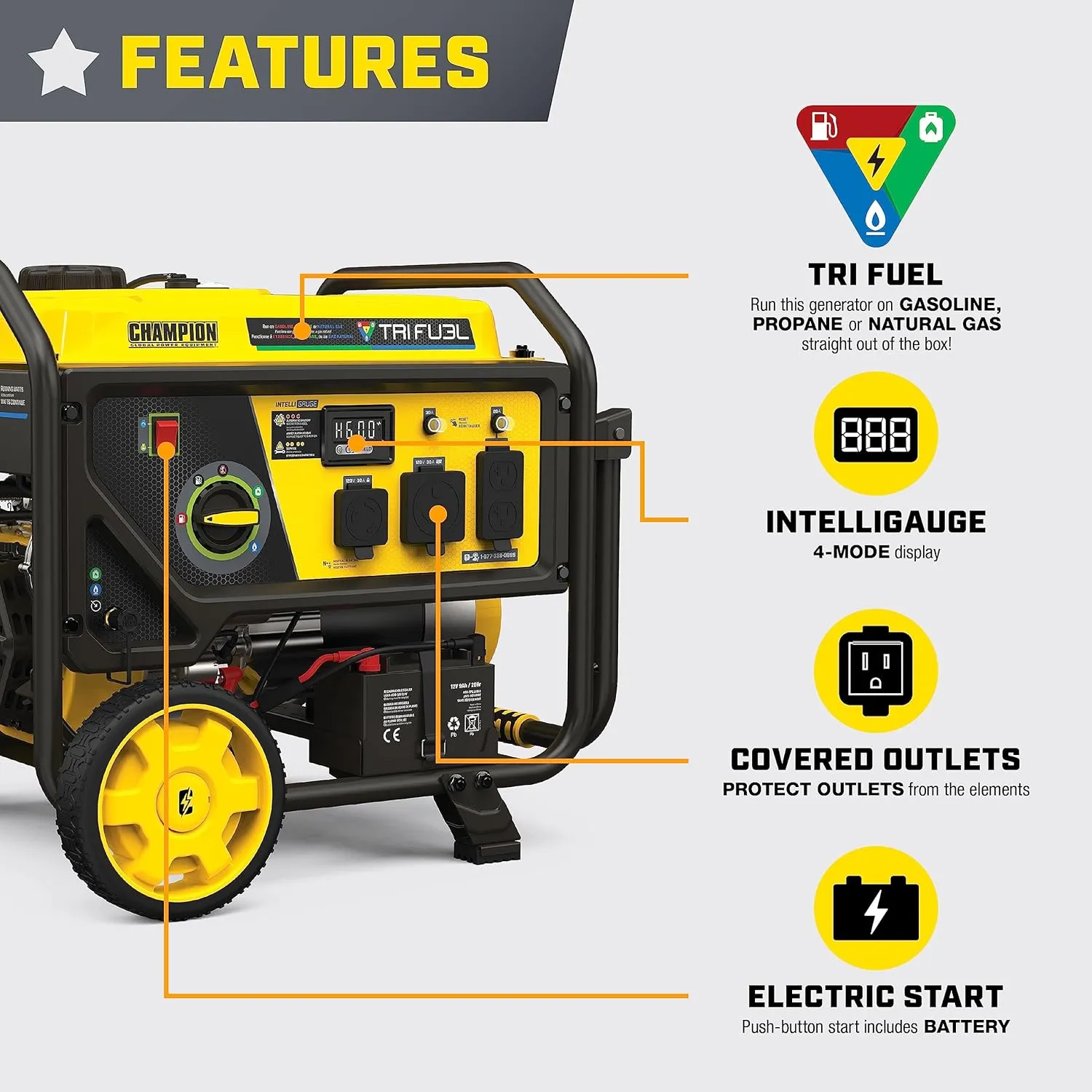 Champion Power Equipment 5000-Watt Electric Start Tri Fuel RV Ready Portable Generator with CO Shield