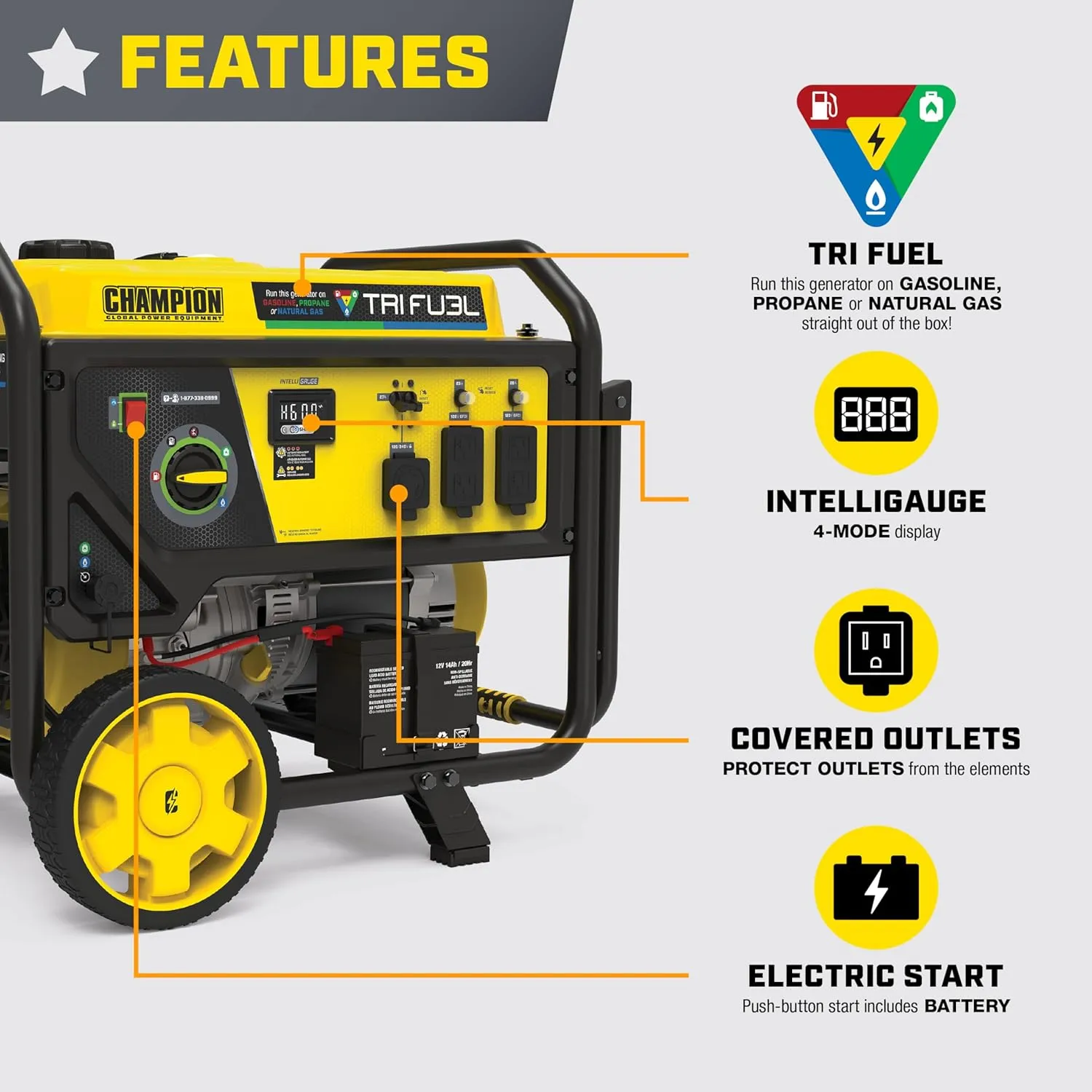 Champion Power Equipment 8125-Watt Electric Start Tri-Fuel Portable Generator with CO Shield