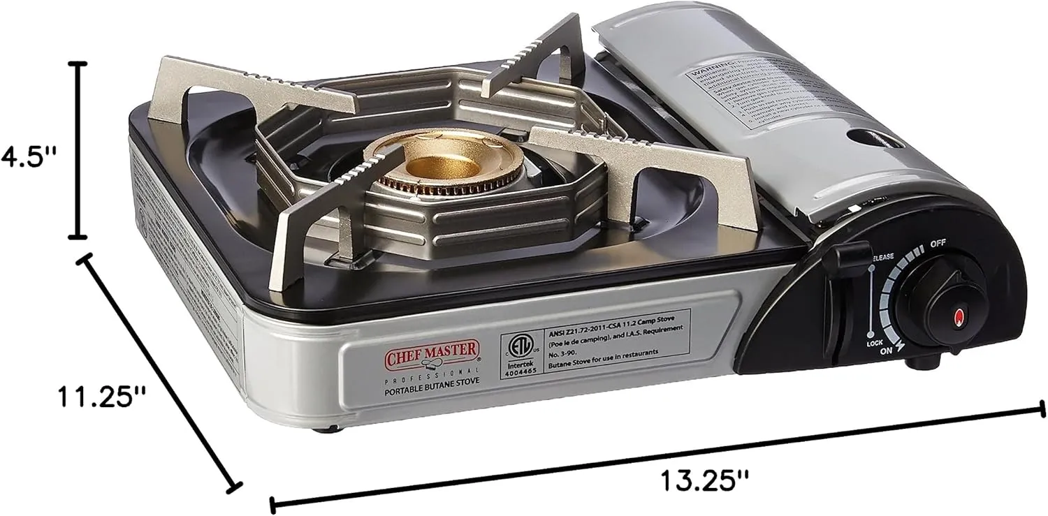 Chef-Master 90011 Butane Countertop Stove, 10 000 BTU Portable with Carry Case, High Performance, Piezo Ignition, Brass Burner, Safety Stop
