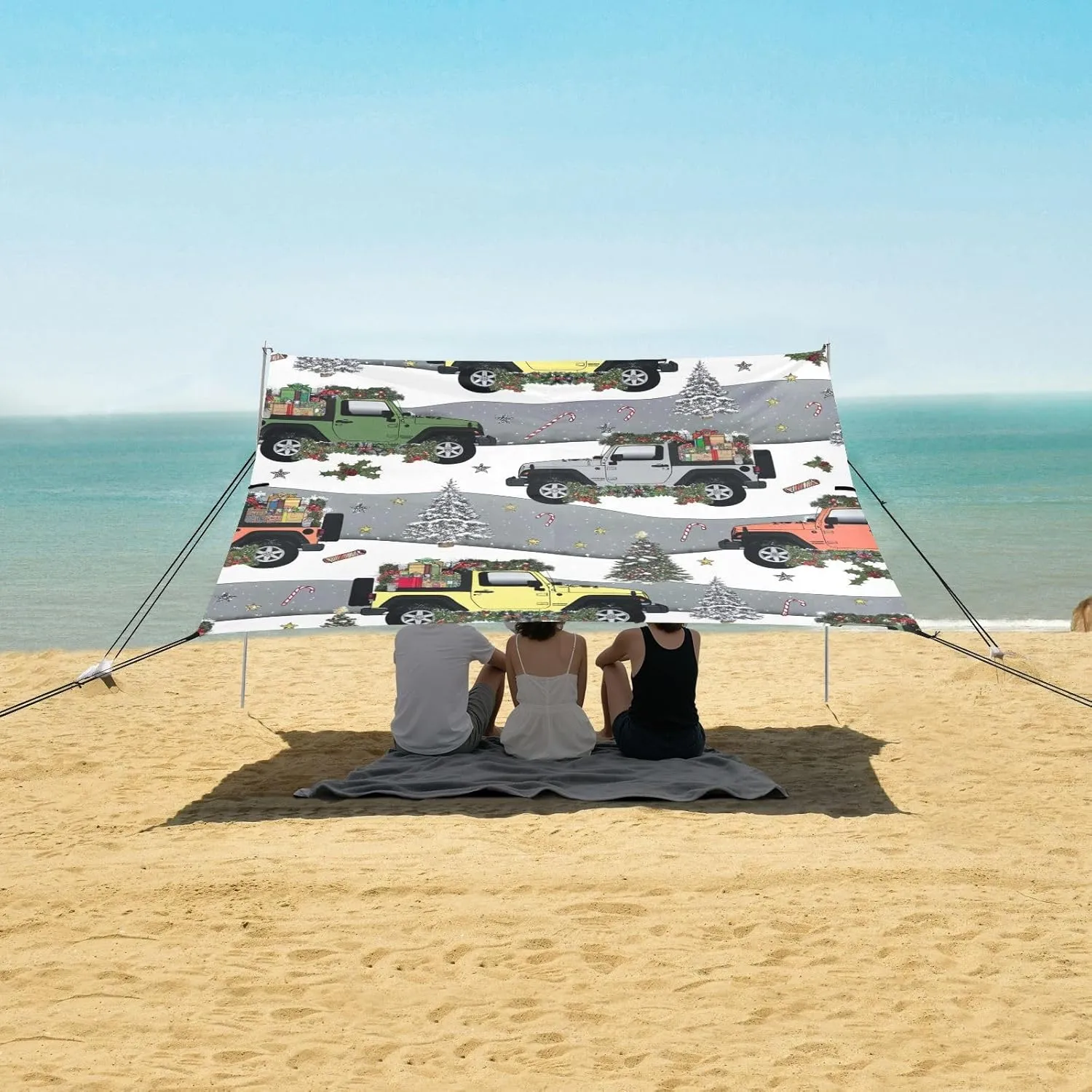 Christmas Jeeps Beach Camping Tent Sun Shelter for Whole Family, Winter Beach Shade Canopy with UPF50  UV Protection,Easy Set Up and Carry,Outdoor Shade for Trips, Fishing, Backyard Fun Picnics