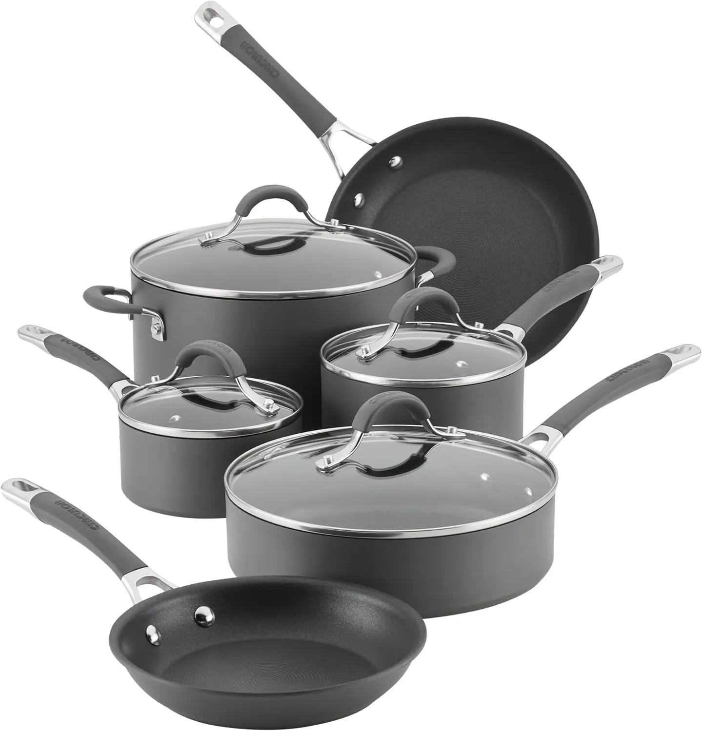 Circulon 83903 Radiance Hard Anodized Nonstick Cookware Pots and Pans Set, 10 Piece, Gray & Radiance Deep Hard Anodized Nonstick Frying Pan/Fry Pan/Hard Anodized Skillet with Lid - 12 Inch, Gray
