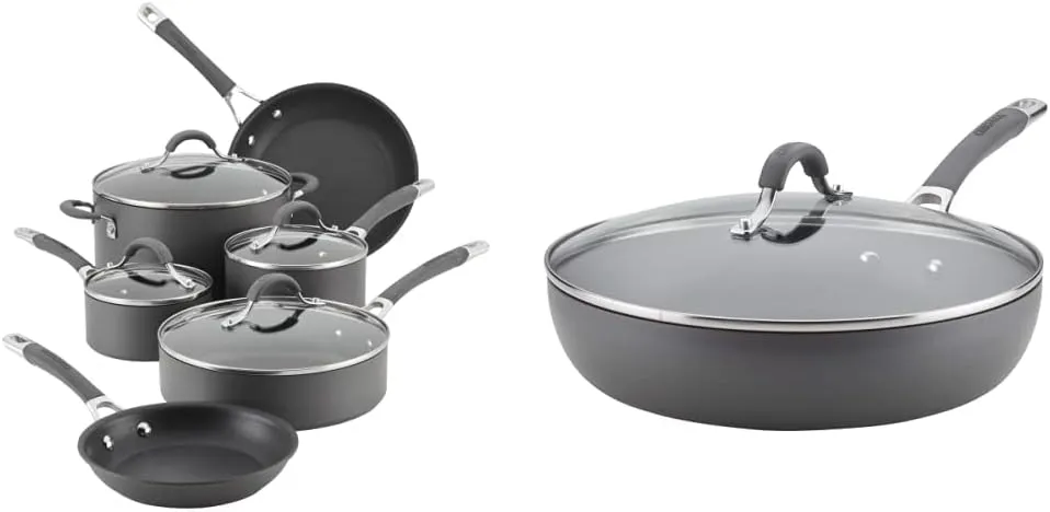 Circulon 83903 Radiance Hard Anodized Nonstick Cookware Pots and Pans Set, 10 Piece, Gray & Radiance Deep Hard Anodized Nonstick Frying Pan/Fry Pan/Hard Anodized Skillet with Lid - 12 Inch, Gray