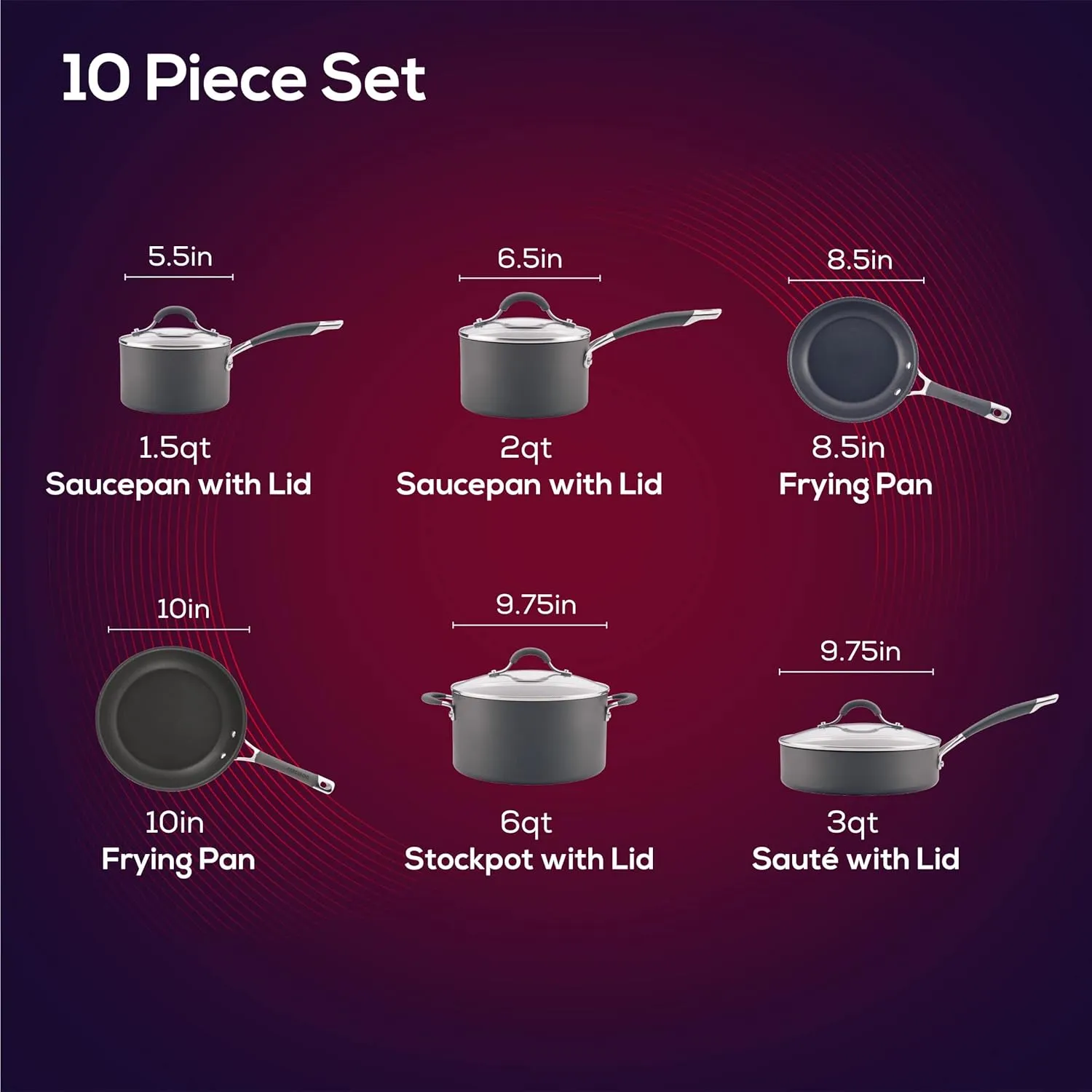 Circulon 83903 Radiance Hard Anodized Nonstick Cookware Pots and Pans Set, 10 Piece, Gray & Radiance Deep Hard Anodized Nonstick Frying Pan/Fry Pan/Hard Anodized Skillet with Lid - 12 Inch, Gray