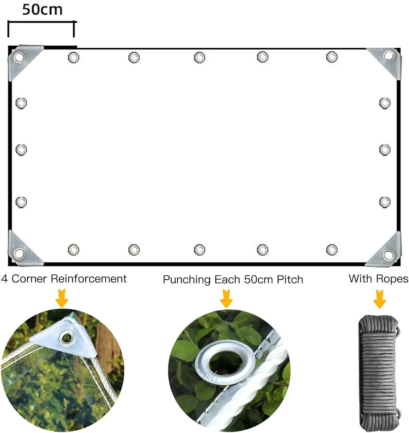 Clear Tarps Heavy Duty PVC, Transparent Tarp Durable Waterproof Dustproof Windproof, Tarpaulin with Grommets & Ropes for Greenhouse, Patio, Garden, Pavilion, Chicken, Porch, Outdoor（6' x 10'）
