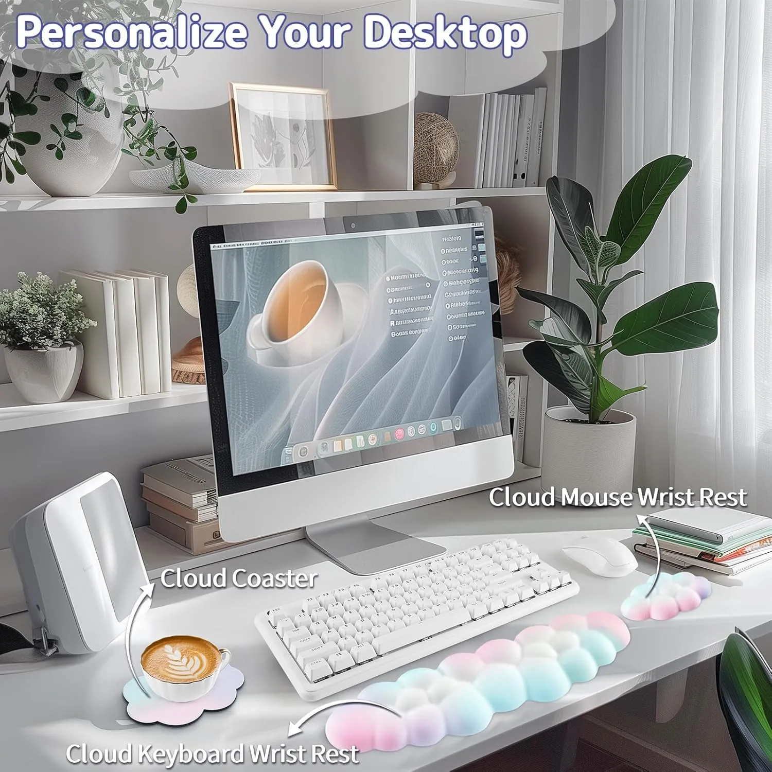 Cloud Wrist Rest Keyboard, Cloud Keyboard Wrist Pad Set with PU Leather Memory Foam, Cute Arm Rest for Palm Support, PC/Gaming Desk Accessories/Office Setup/Computer Hand Cushion-Rainbow