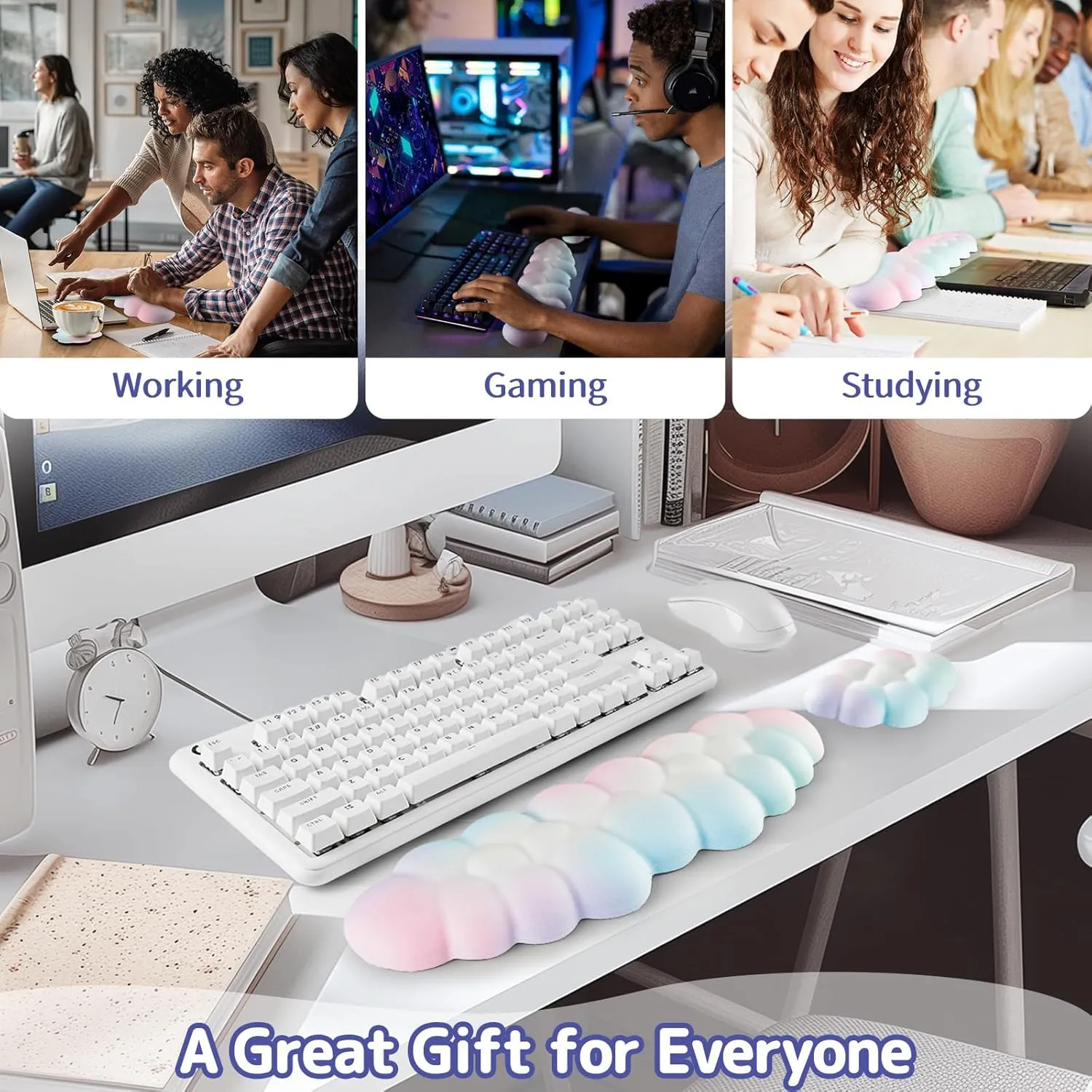 Cloud Wrist Rest Keyboard, Cloud Keyboard Wrist Pad Set with PU Leather Memory Foam, Cute Arm Rest for Palm Support, PC/Gaming Desk Accessories/Office Setup/Computer Hand Cushion-Rainbow