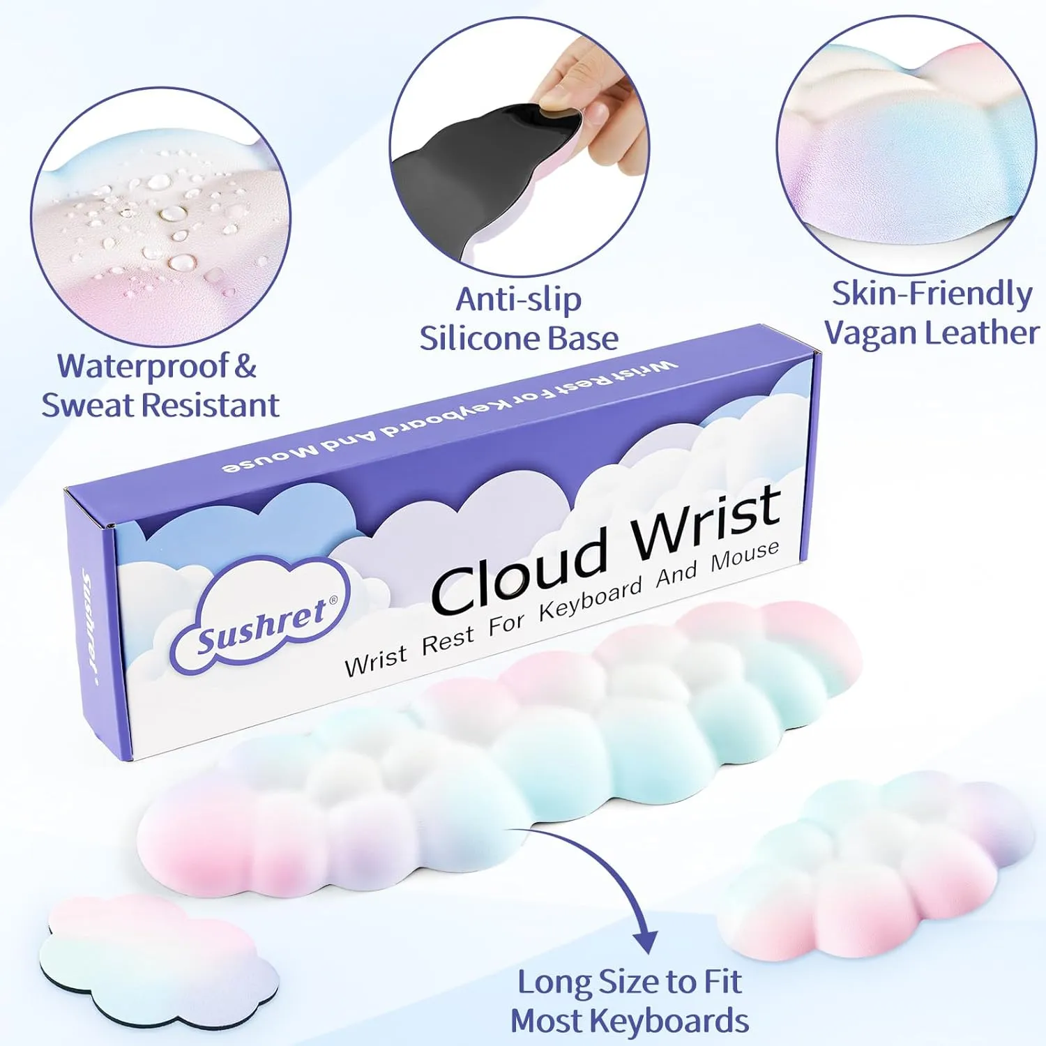 Cloud Wrist Rest Keyboard, Cloud Keyboard Wrist Pad Set with PU Leather Memory Foam, Cute Arm Rest for Palm Support, PC/Gaming Desk Accessories/Office Setup/Computer Hand Cushion-Rainbow