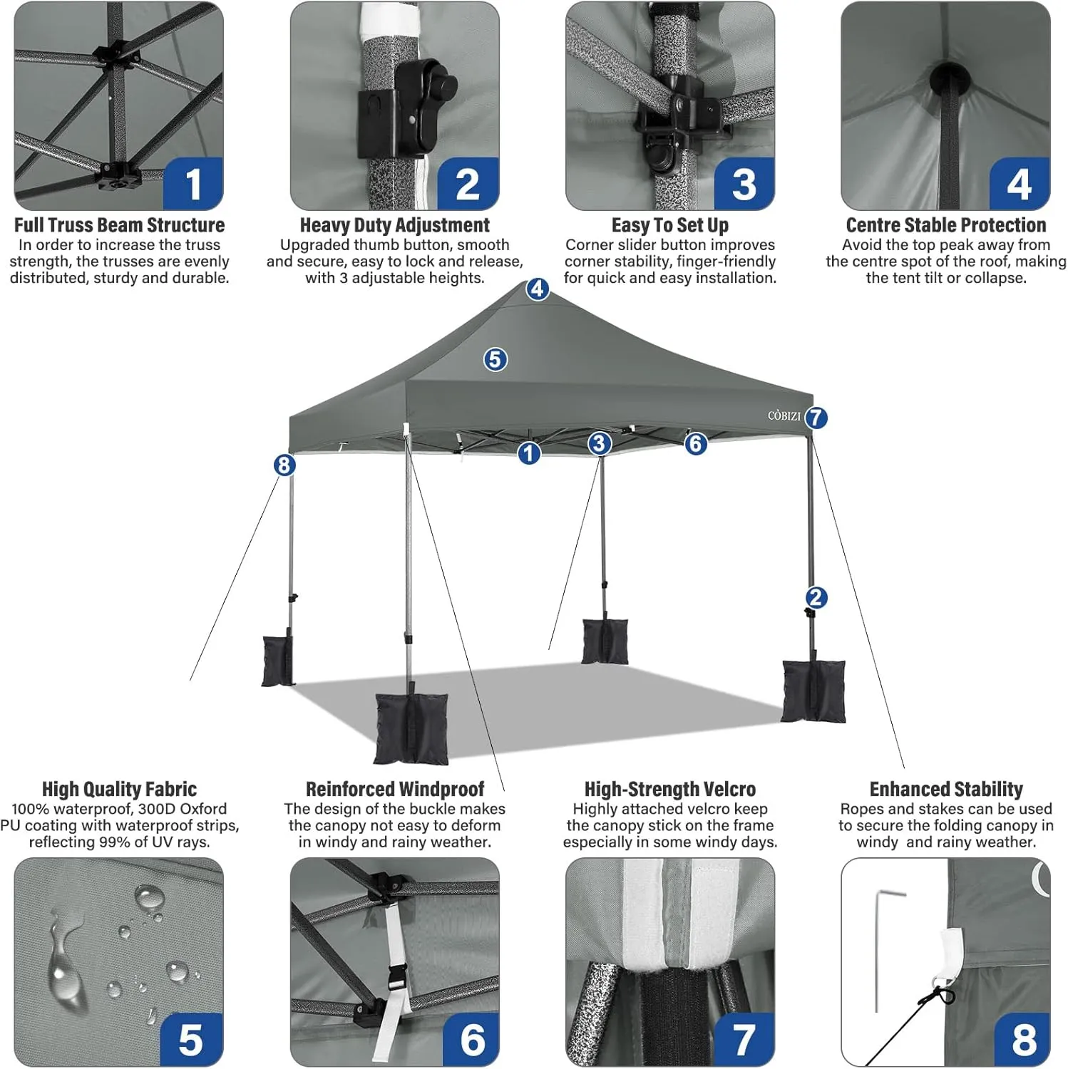 COBIZI 10x10 Pop Up Canopy Tent with 4 sidewalls Commercial Heavy Duty Canopy UPF 50  All Weather Waterproof Outdoor Canopy Wedding Tents for Parties Gazebo with Roller Bag, Grey (Windproof Upgraded)