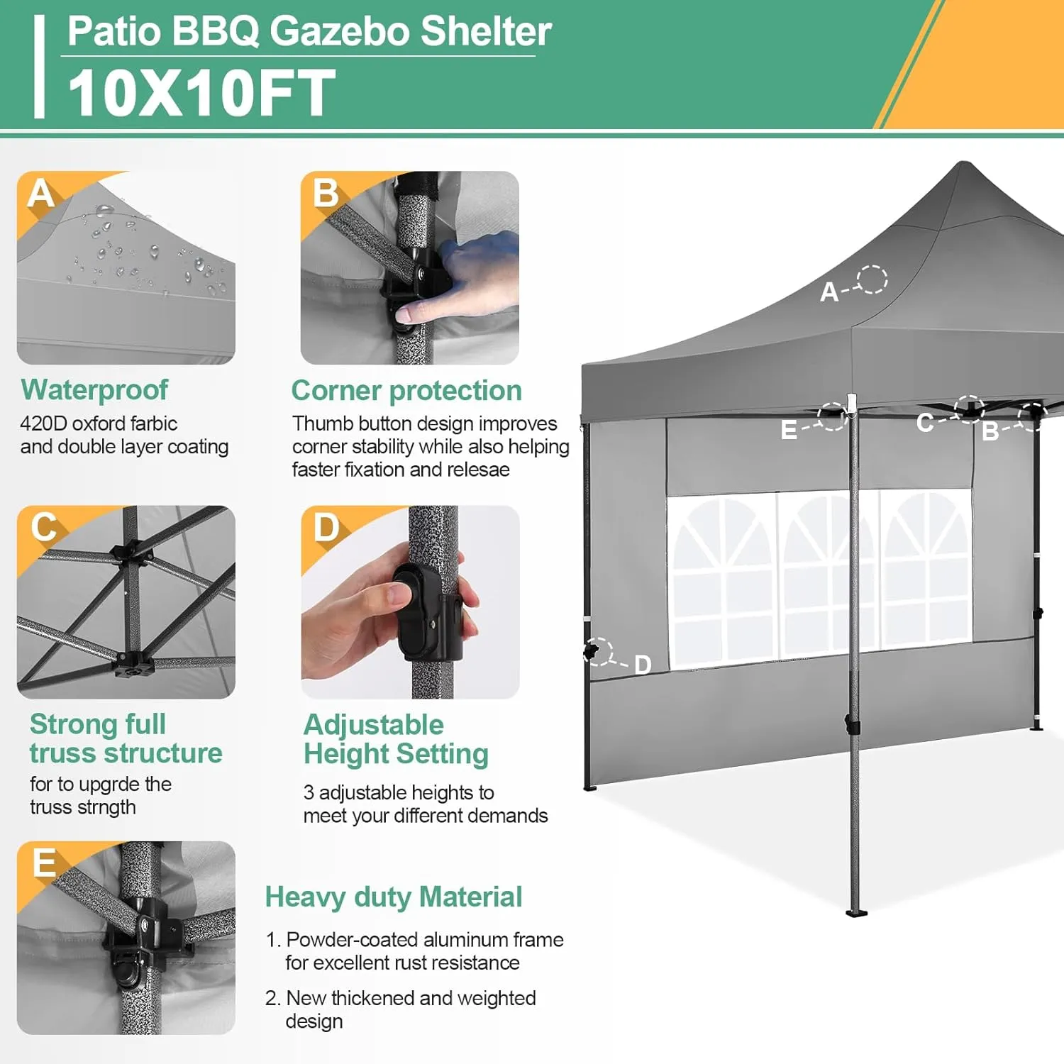 COBIZI 10x10 Pop Up Canopy Tent with 4 sidewalls Commercial Heavy Duty Canopy UPF 50  All Weather Waterproof Outdoor Canopy Wedding Tents for Parties Gazebo with Roller Bag, Grey (Windproof Upgraded)