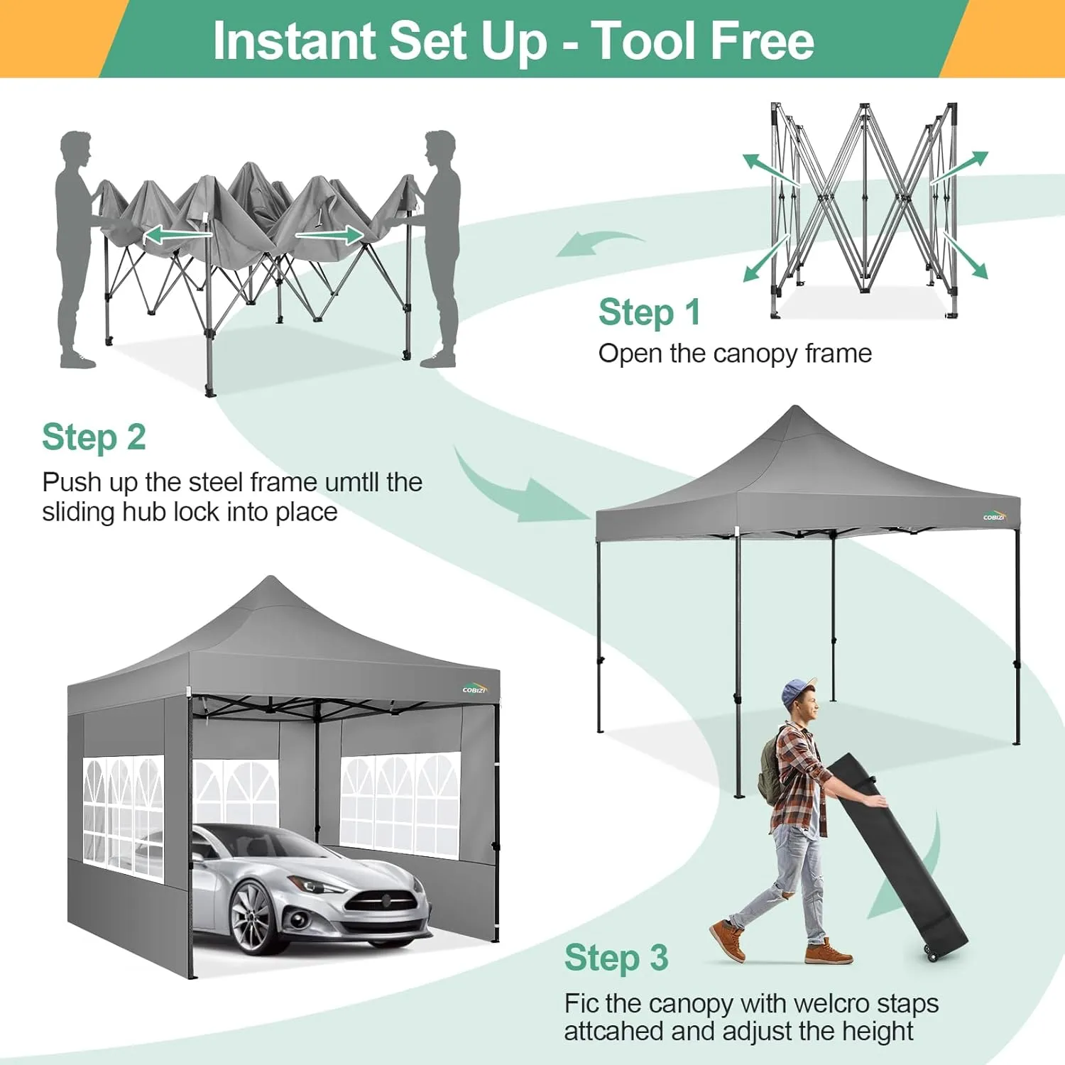 COBIZI 10x10 Pop Up Canopy Tent with 4 sidewalls Commercial Heavy Duty Canopy UPF 50  All Weather Waterproof Outdoor Canopy Wedding Tents for Parties Gazebo with Roller Bag, Grey (Windproof Upgraded)