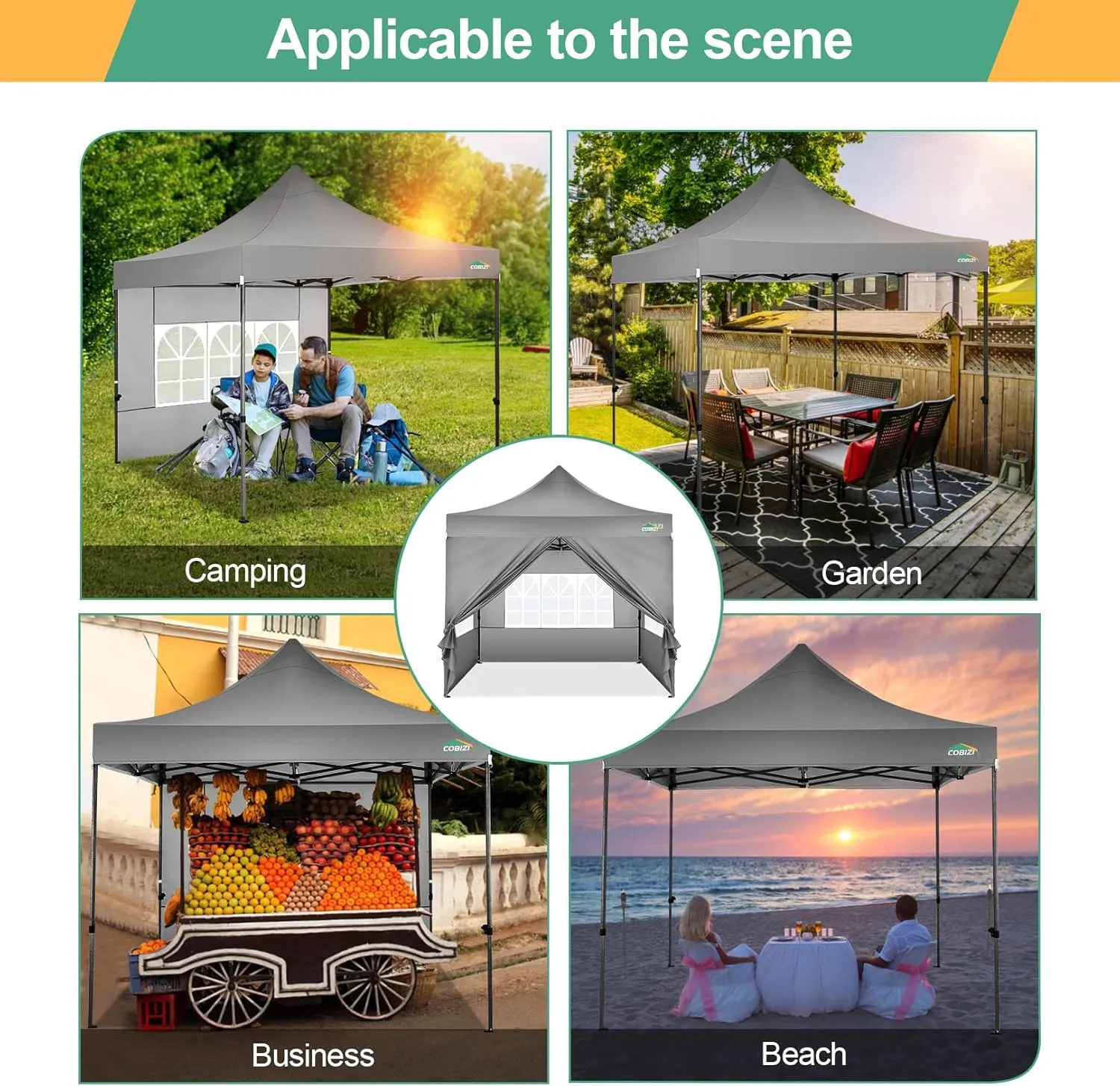 COBIZI 10x10 Pop Up Canopy Tent with 4 sidewalls Commercial Heavy Duty Canopy UPF 50  All Weather Waterproof Outdoor Canopy Wedding Tents for Parties Gazebo with Roller Bag, Grey (Windproof Upgraded)
