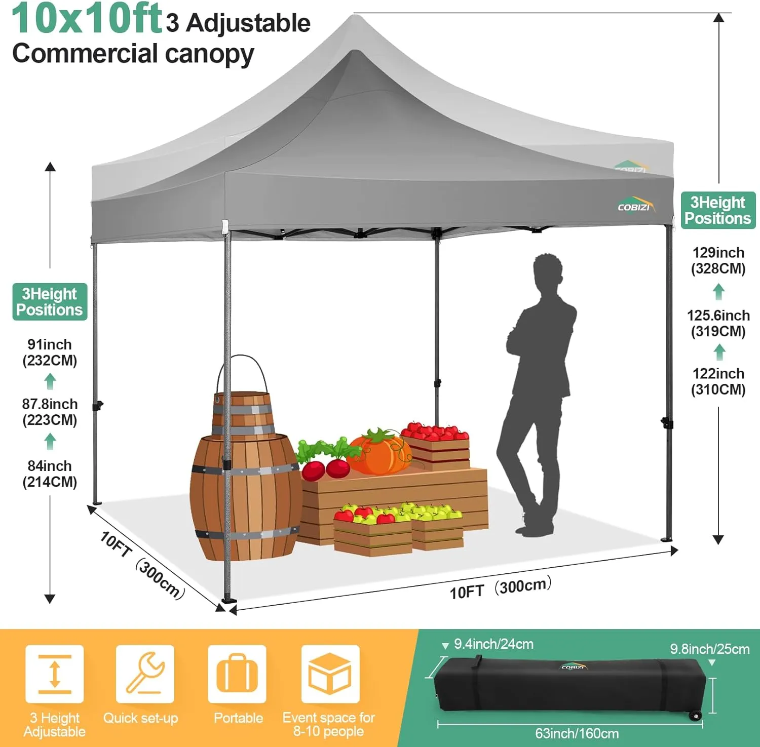 COBIZI 10x10 Pop Up Canopy Tent with 4 sidewalls Commercial Heavy Duty Canopy UPF 50  All Weather Waterproof Outdoor Canopy Wedding Tents for Parties Gazebo with Roller Bag, Grey (Windproof Upgraded)