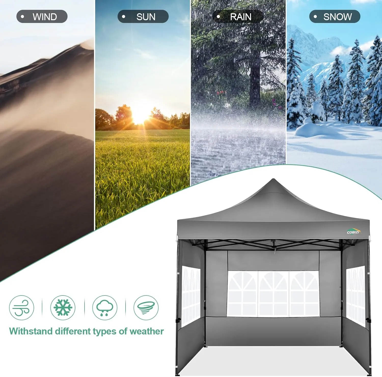 COBIZI 10x10 Pop Up Canopy Tent with 4 sidewalls Commercial Heavy Duty Canopy UPF 50  All Weather Waterproof Outdoor Canopy Wedding Tents for Parties Gazebo with Roller Bag, Grey (Windproof Upgraded)