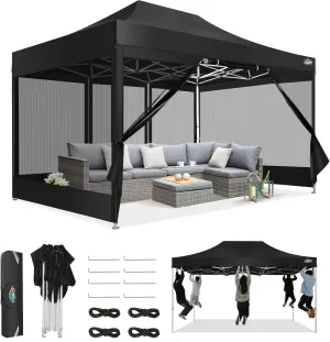 COBIZI 10x15 Canopy Tent, Heavy Duty Pop up Canopy with Sidewalls, Waterproof Easy Setup Canopy with Mosquito Netting, Outdoor Instant Screen Tents for Parties, Wedding, Backyard with Carry Bag, Black