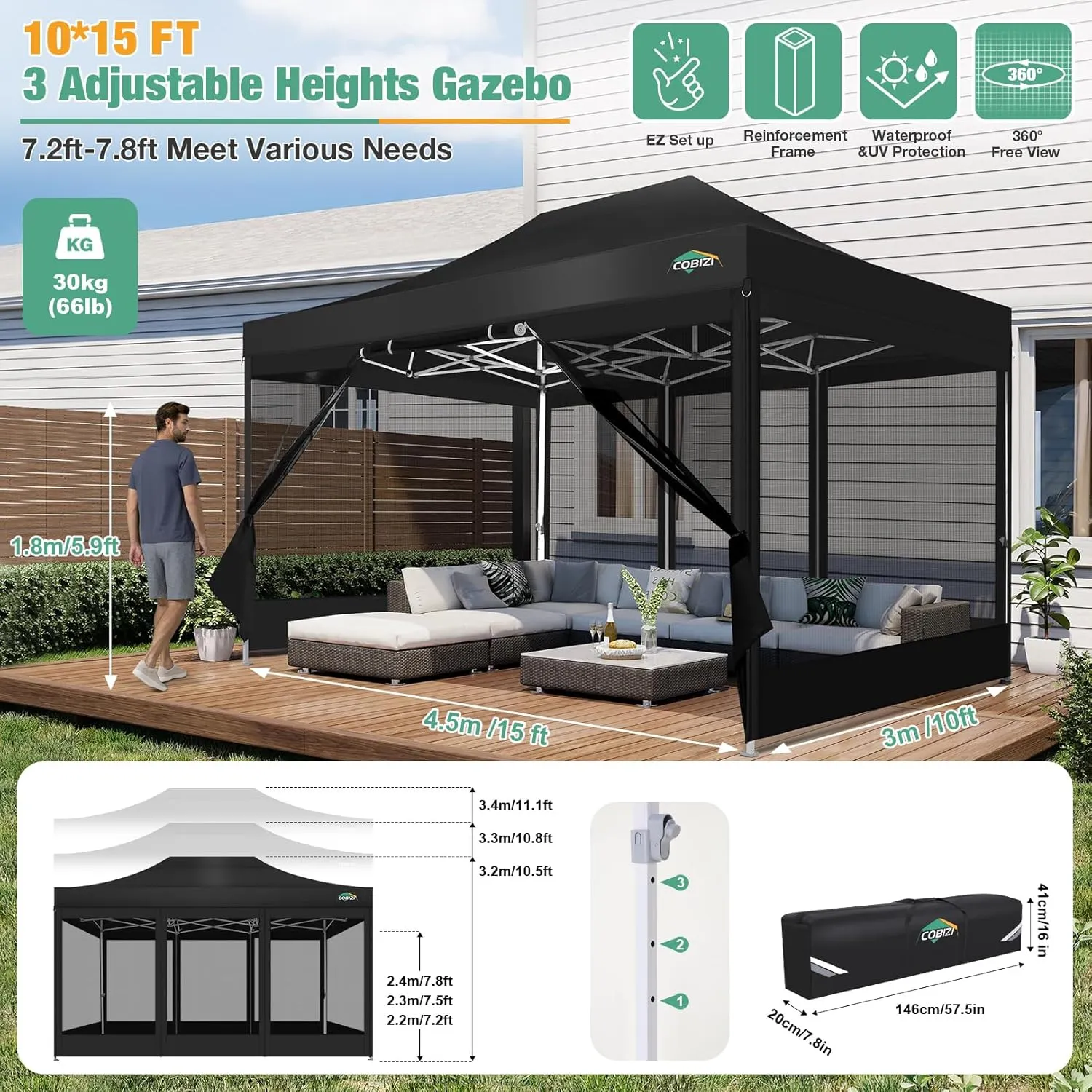 COBIZI 10x15 Canopy Tent, Heavy Duty Pop up Canopy with Sidewalls, Waterproof Easy Setup Canopy with Mosquito Netting, Outdoor Instant Screen Tents for Parties, Wedding, Backyard with Carry Bag, Black