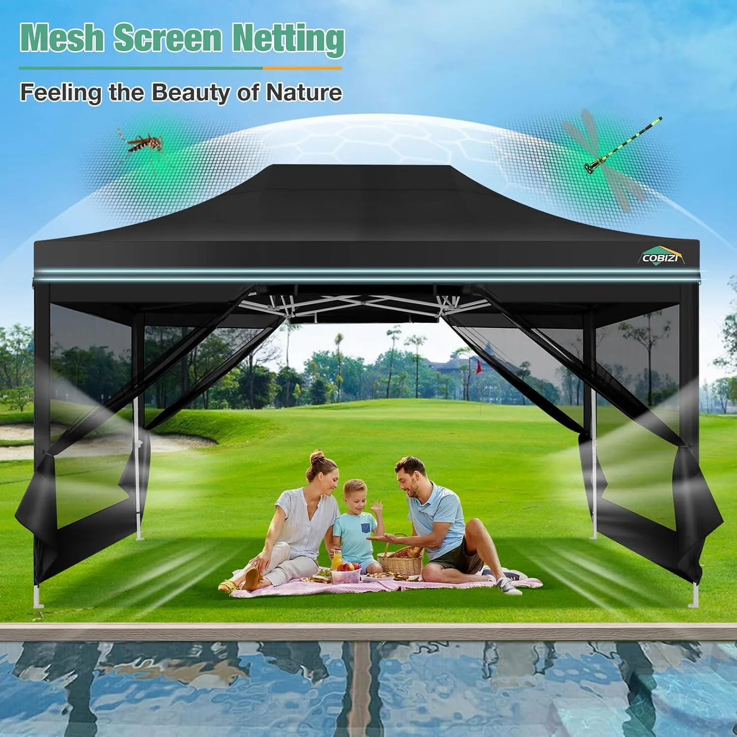 COBIZI 10x15 Canopy Tent, Heavy Duty Pop up Canopy with Sidewalls, Waterproof Easy Setup Canopy with Mosquito Netting, Outdoor Instant Screen Tents for Parties, Wedding, Backyard with Carry Bag, Black