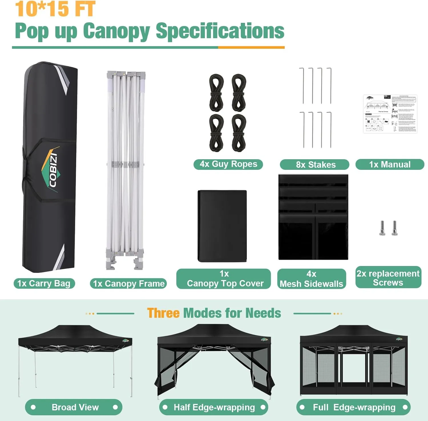 COBIZI 10x15 Canopy Tent, Heavy Duty Pop up Canopy with Sidewalls, Waterproof Easy Setup Canopy with Mosquito Netting, Outdoor Instant Screen Tents for Parties, Wedding, Backyard with Carry Bag, Black