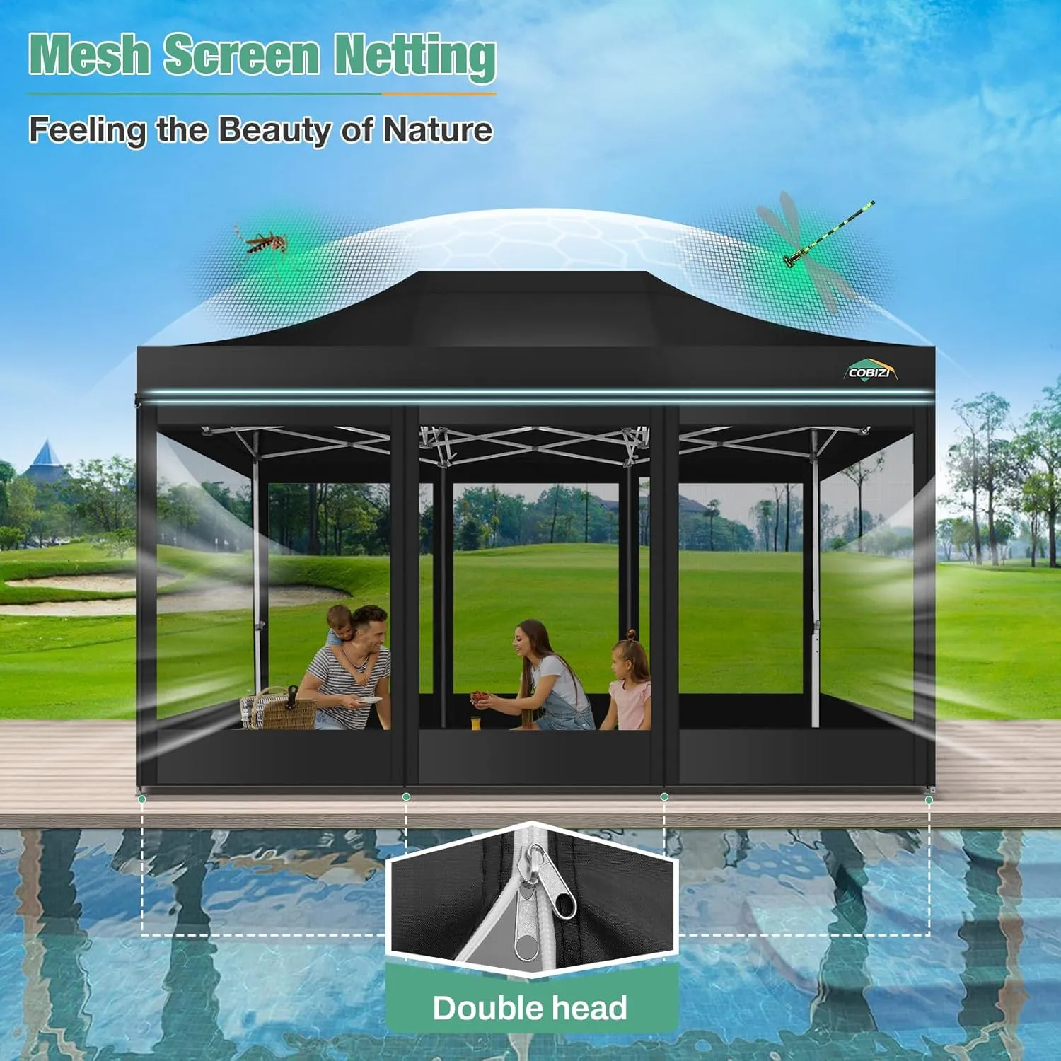 COBIZI 10x15 Canopy Tent, Heavy Duty Pop up Canopy with Sidewalls, Waterproof Easy Setup Canopy with Mosquito Netting, Outdoor Instant Screen Tents for Parties, Wedding, Backyard with Carry Bag, Black