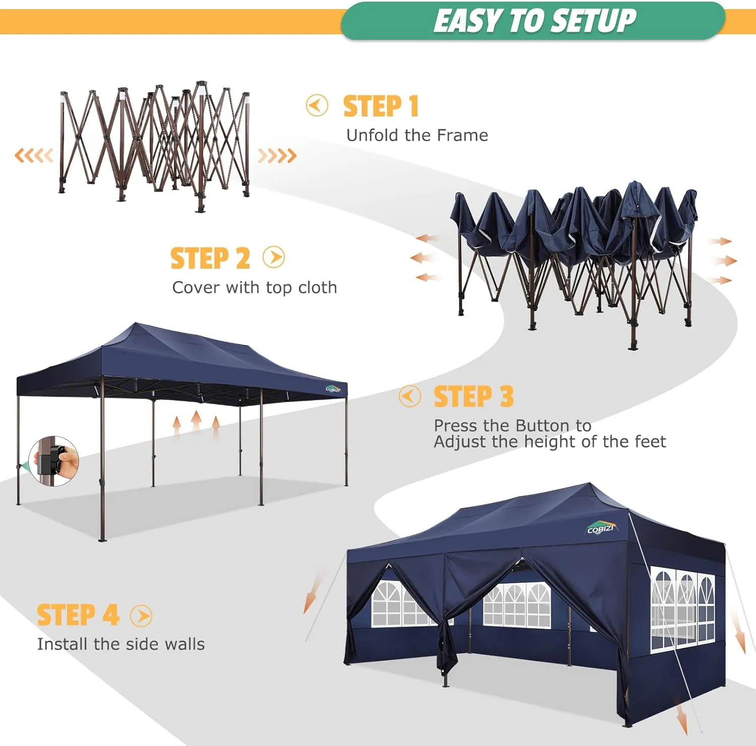 COBIZI 10x20 Pop Up Canopy Heavy Duty with 6 Sidewalls, Commercial Heavy Duty Pop Up Tent for Parties All Weather Waterproof and UV 50  Wedding Tent with Roller Bag(Legs Upgraded),Deep Blue