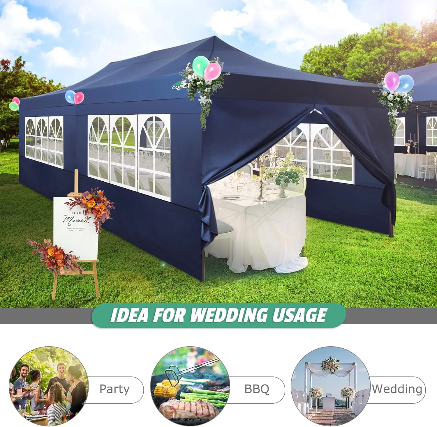 COBIZI 10x20 Pop Up Canopy Heavy Duty with 6 Sidewalls, Commercial Heavy Duty Pop Up Tent for Parties All Weather Waterproof and UV 50  Wedding Tent with Roller Bag(Legs Upgraded),Deep Blue