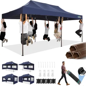 COBIZI 10x20 Pop Up Canopy Heavy Duty with 6 Sidewalls, Commercial Heavy Duty Pop Up Tent for Parties All Weather Waterproof and UV 50  Wedding Tent with Roller Bag(Legs Upgraded),Deep Blue