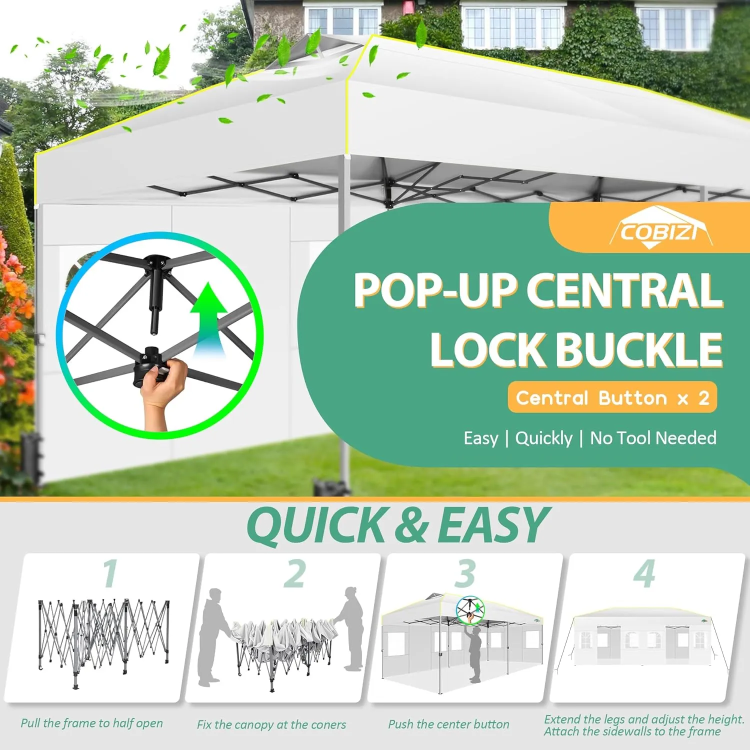 COBIZI 10x20 Pop Up Canopy with 6 Sidewalls One Push Setup Outdoor Event Shelter Waterproof UPF 50  Gazebo Tent with Carry Bag,Air Vent,Sandbag for Wedding, Commercial, Party,White