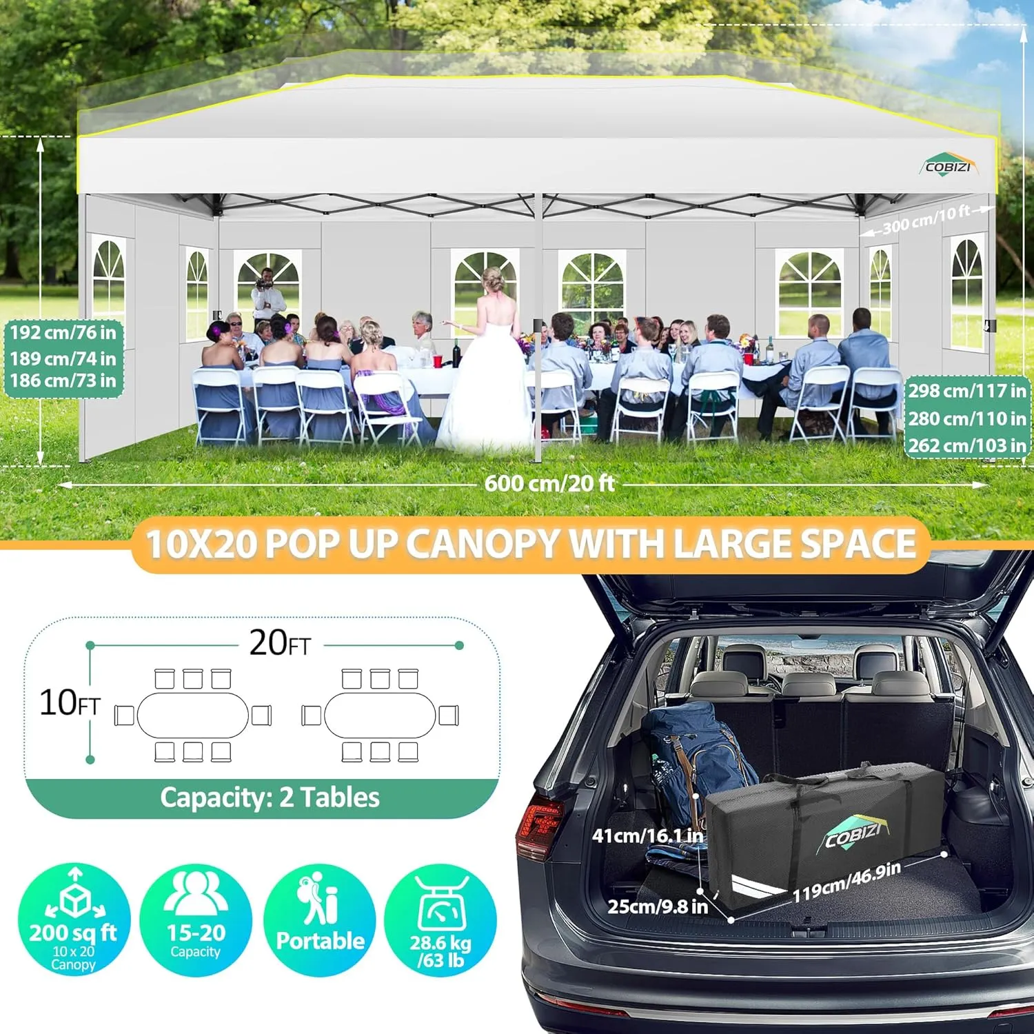 COBIZI 10x20 Pop Up Canopy with 6 Sidewalls One Push Setup Outdoor Event Shelter Waterproof UPF 50  Gazebo Tent with Carry Bag,Air Vent,Sandbag for Wedding, Commercial, Party,White