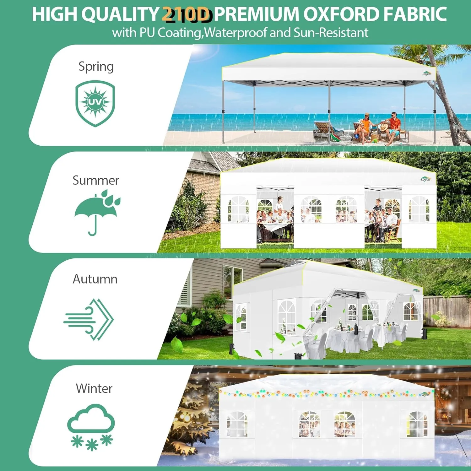 COBIZI 10x20 Pop Up Canopy with 6 Sidewalls One Push Setup Outdoor Event Shelter Waterproof UPF 50  Gazebo Tent with Carry Bag,Air Vent,Sandbag for Wedding, Commercial, Party,White
