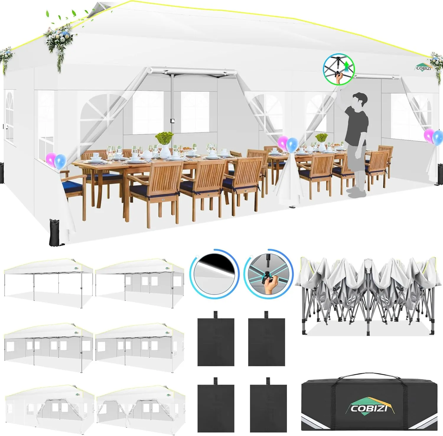 COBIZI 10x20 Pop Up Canopy with 6 Sidewalls One Push Setup Outdoor Event Shelter Waterproof UPF 50  Gazebo Tent with Carry Bag,Air Vent,Sandbag for Wedding, Commercial, Party,White